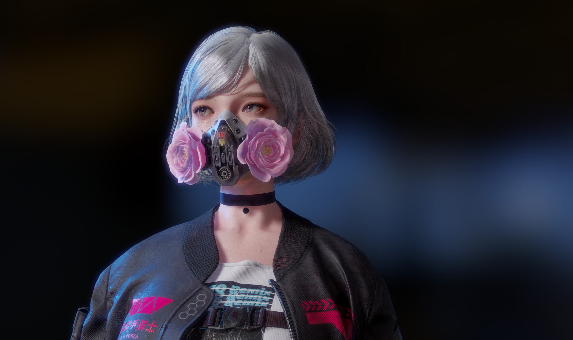 choker, fantasy girl, artwork, purple eyes, short hair, roses, Yerim Kim, 3D, gas masks, flowers, 1080P, grey hair, digital art, black jackets, HD Wallpaper