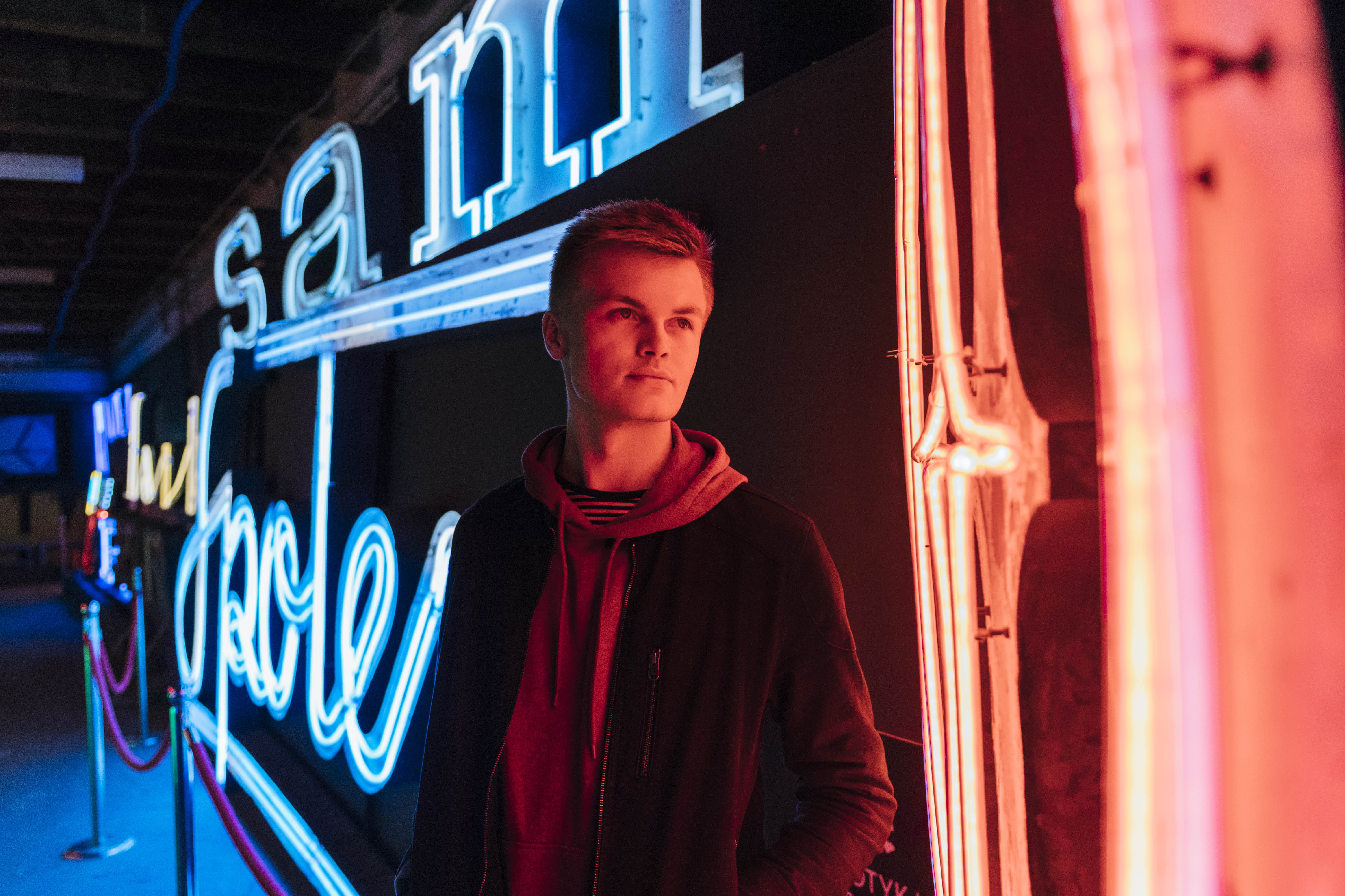 neon lights, communication, portrait, business, jacket, young adult, front view, one person, person, night, fashion, men, wear, waist up, illuminated, neon, HD Wallpaper