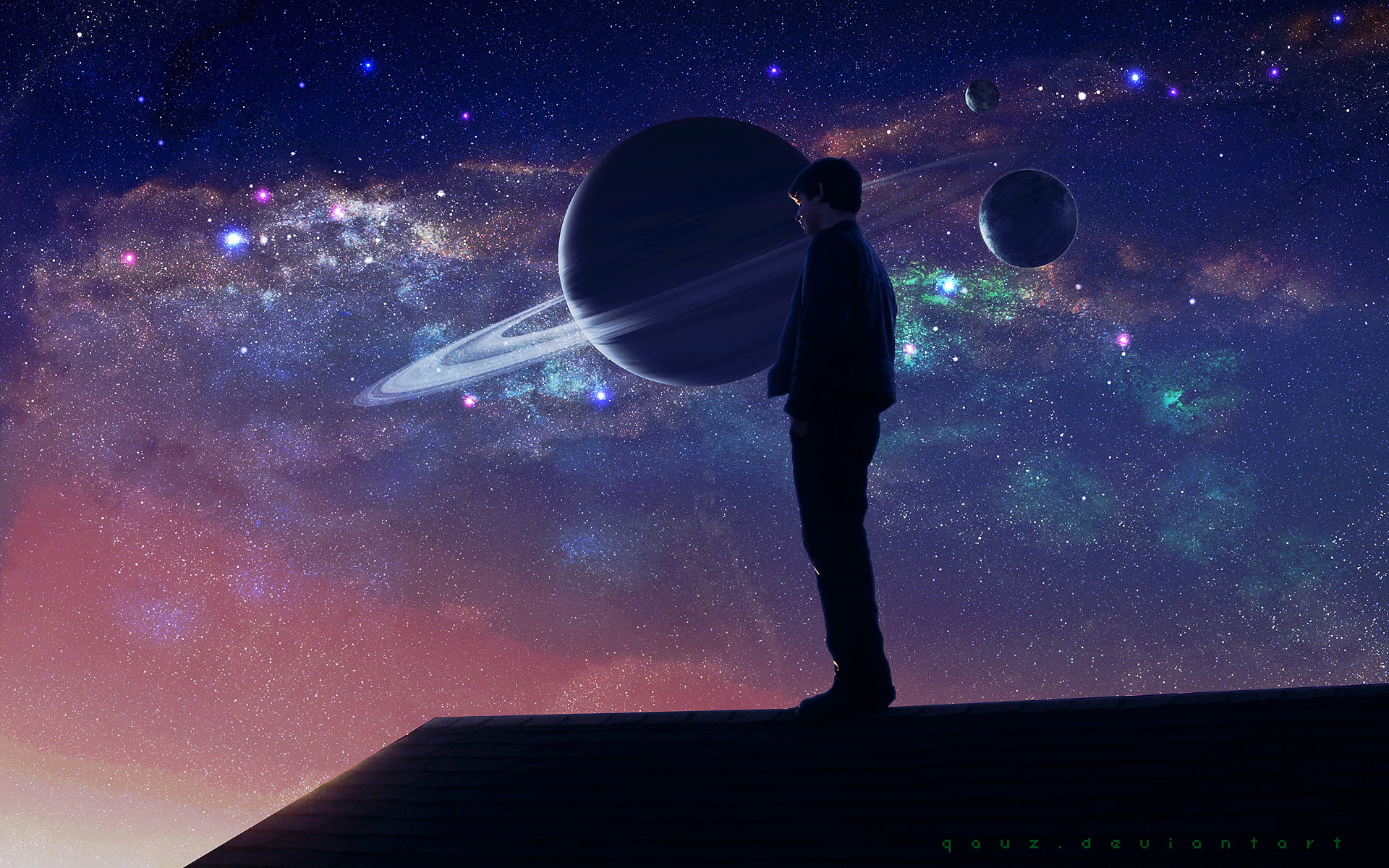 1080P, ring, pants, person, night, black, stars, jacket, outfit, planet, planets, hd, s, fantasy, grey, men, HD Wallpaper