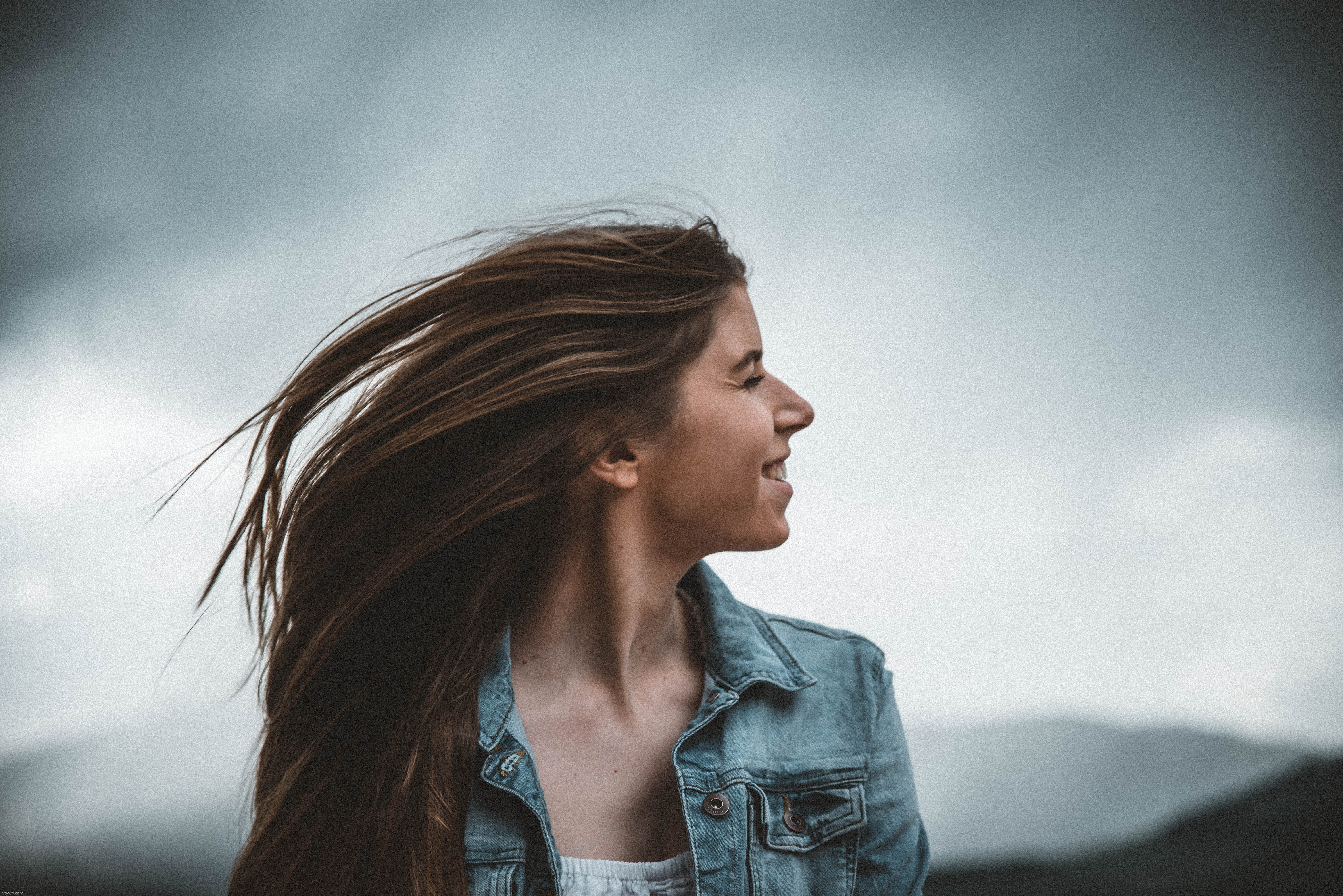 hair, portrait, day, denim jacket, right, lifestyles, side, grey sky, brunette, style, photoshoot, beautiful woman, pose, person, leisure activity, profile view, HD Wallpaper