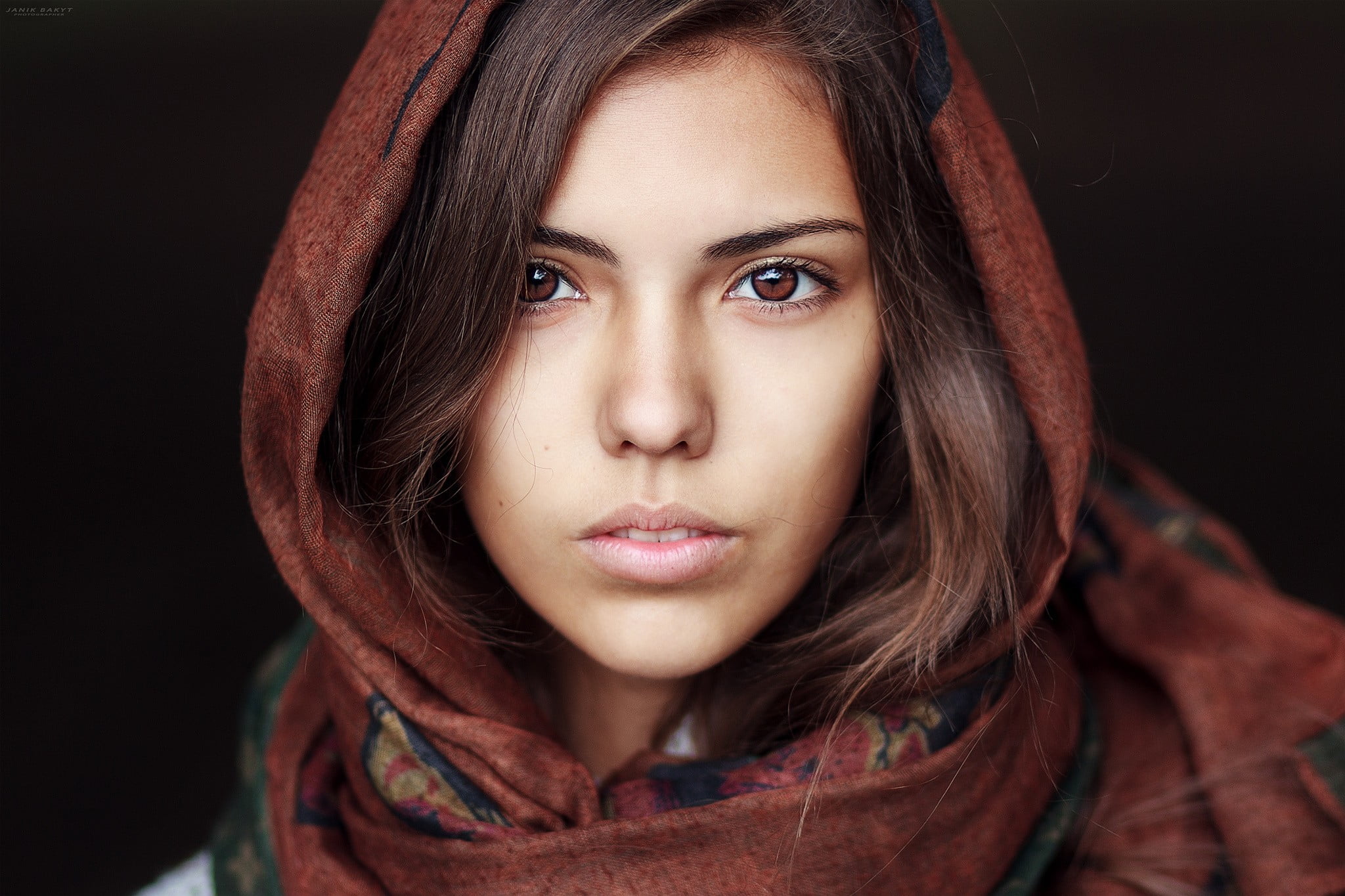 adolescence, young adult, portrait, front view, indoors, hairstyle, black background, looking at camera, close-up, one person, beauty, headshot, contemplation, HD Wallpaper