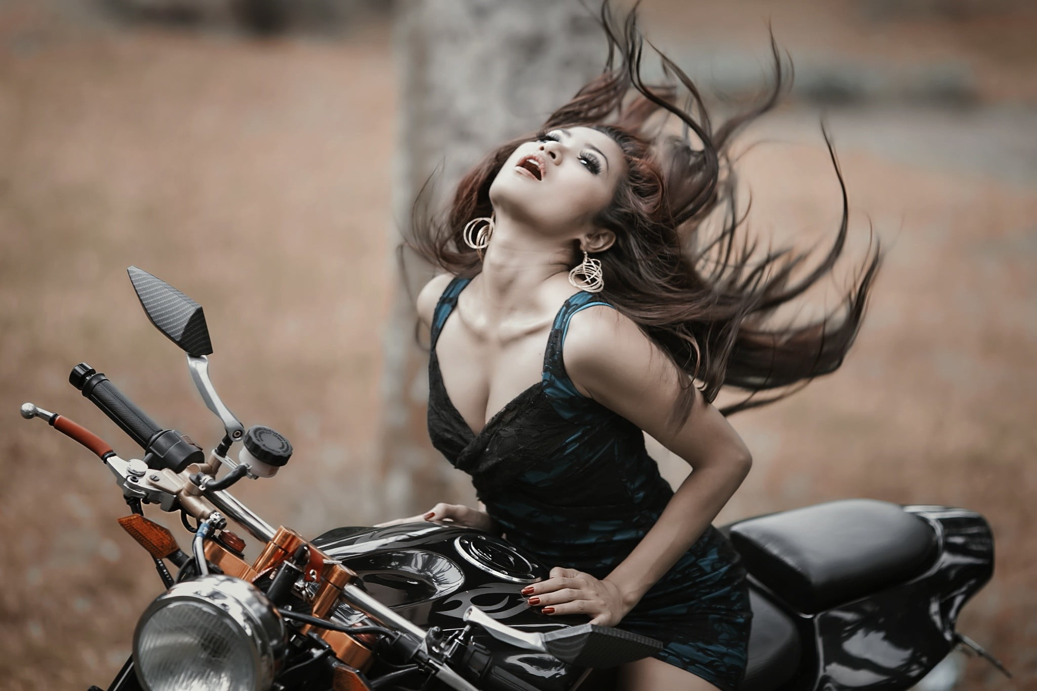 hairstyle, mode of transportation, fashion, leather, cleavage, beauty, freedom, day, three quarter length, model, one person, women, motors, hair, riding, HD Wallpaper