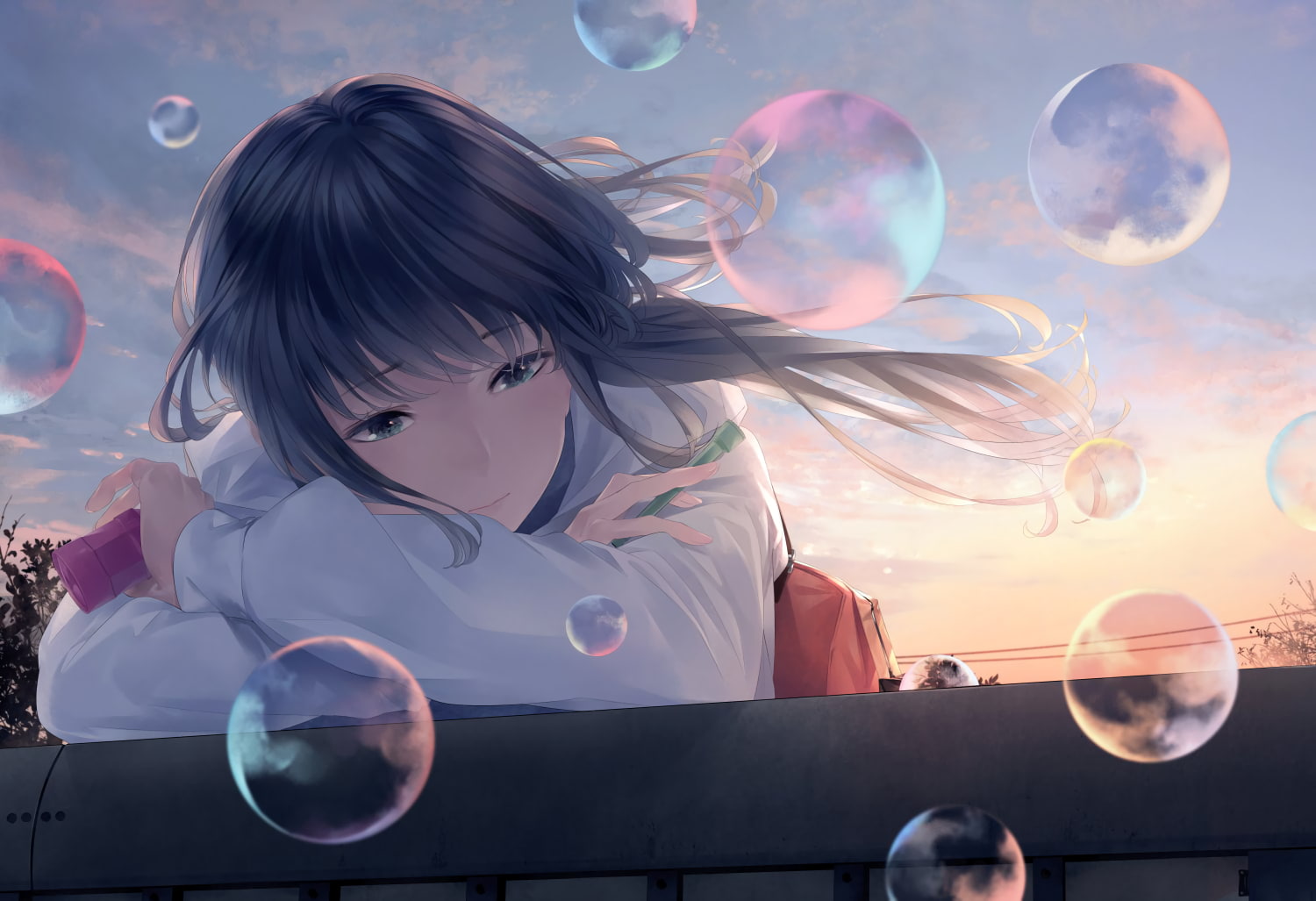 anime girls, sky, anime, 720P, dark hair, bubbles, HD Wallpaper