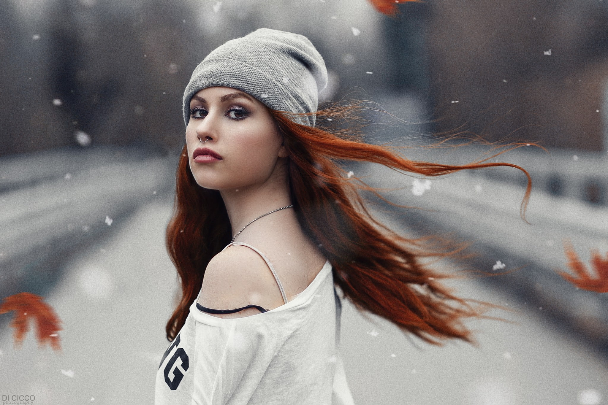 hair, long hair, portrait, Alessandro Di Cicco, hat, Valentina Galassi, bare shoulders, beautiful woman, warm clothing, outdoors, redhead, snow, casual clothing, HD Wallpaper