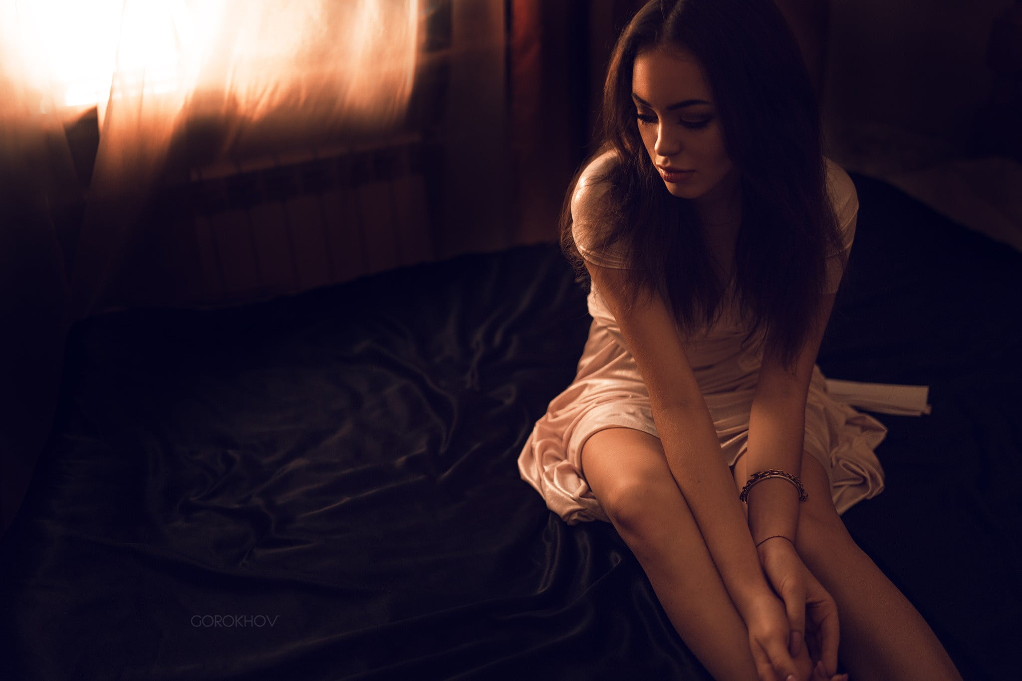 three quarter length, 1080P, young adult, sofa, sitting, juicy lips, Ivan Gorokhov, dress, beautiful woman, one person, hairstyle, real people, women, HD Wallpaper