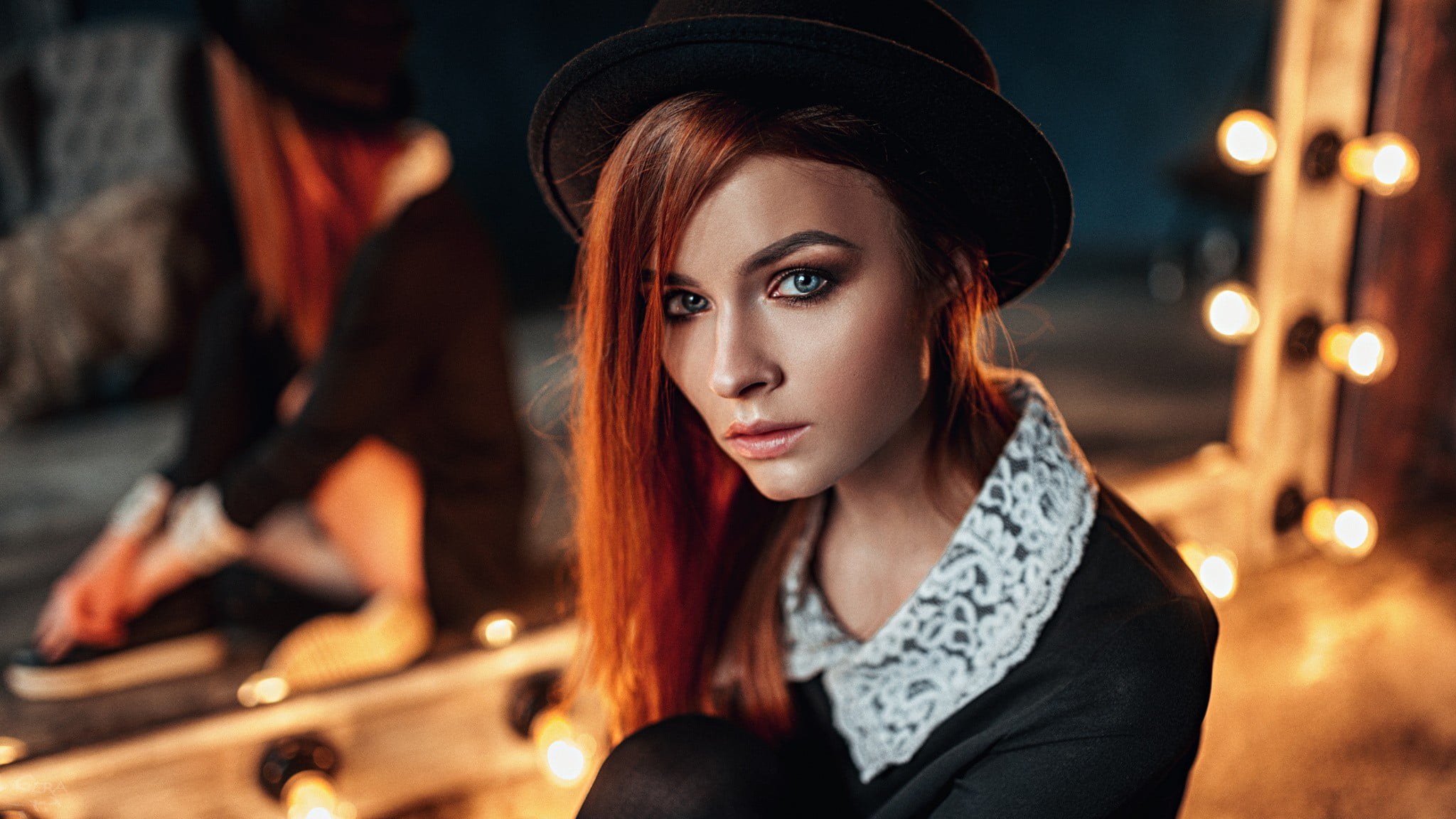 beautiful people, headshot, portrait, beauty, young adult, young women, females, contemplation, beautiful woman, lifestyles, blue eyes, face, hat, mirror, HD Wallpaper