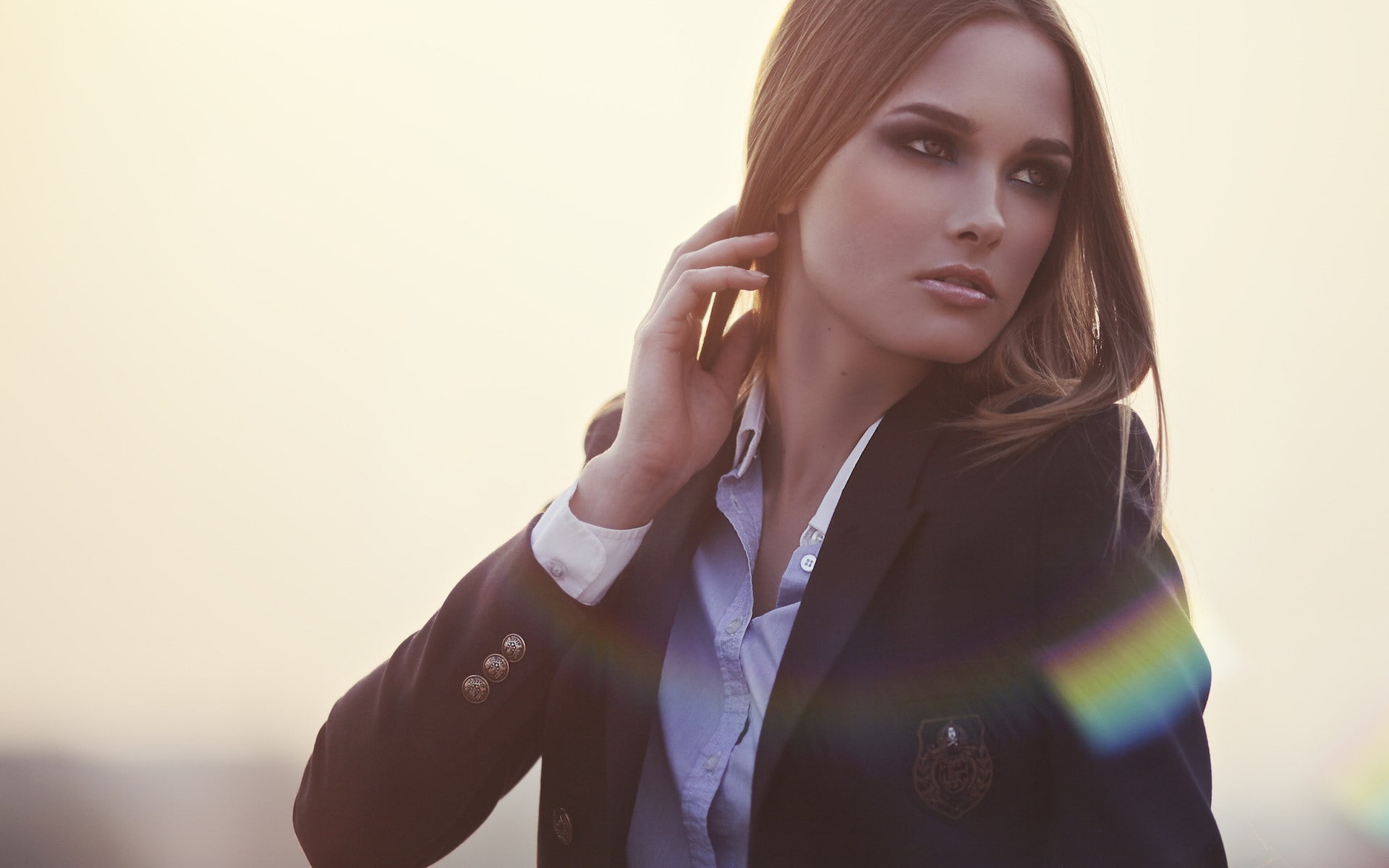 1080P, women, brunette, smoky eyes, schoolgirl uniform, model, long hair, HD Wallpaper