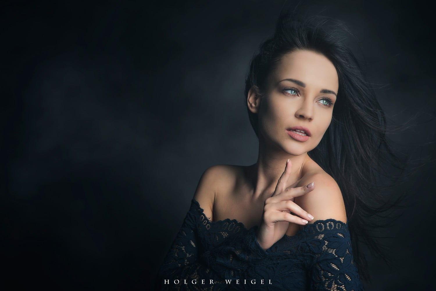 looking away, beautiful woman, fashion, model, studio shot, simple background, leisure activity, bare shoulders, black background, headshot, women, lipstick, HD Wallpaper