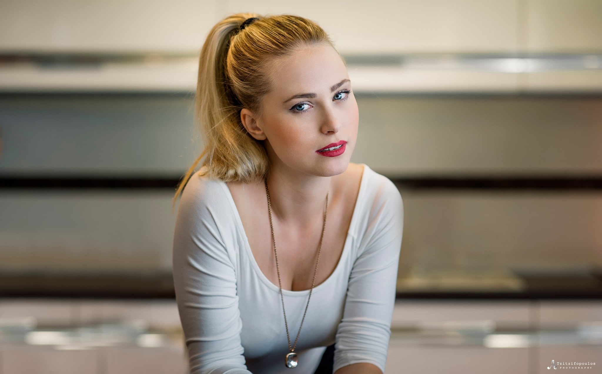 looking at viewer, model, face, blue eyes, blonde, 1080P, women, necklace, long hair, ponytail, Agelos Tzitzifopoulos, HD Wallpaper