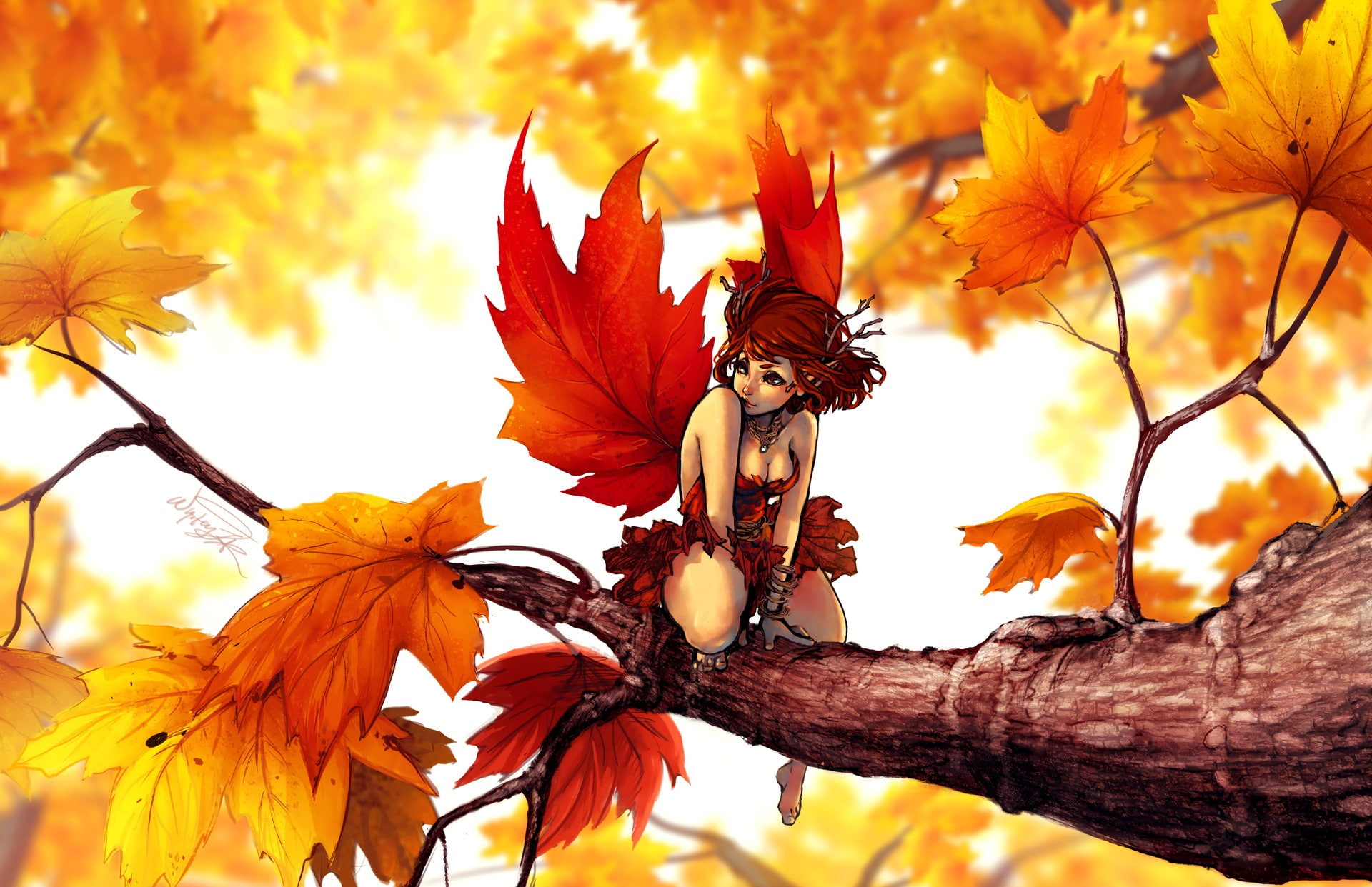 fairies, trees, maple leaves, leaves, 1080P, artwork, digital art, fantasy art, HD Wallpaper