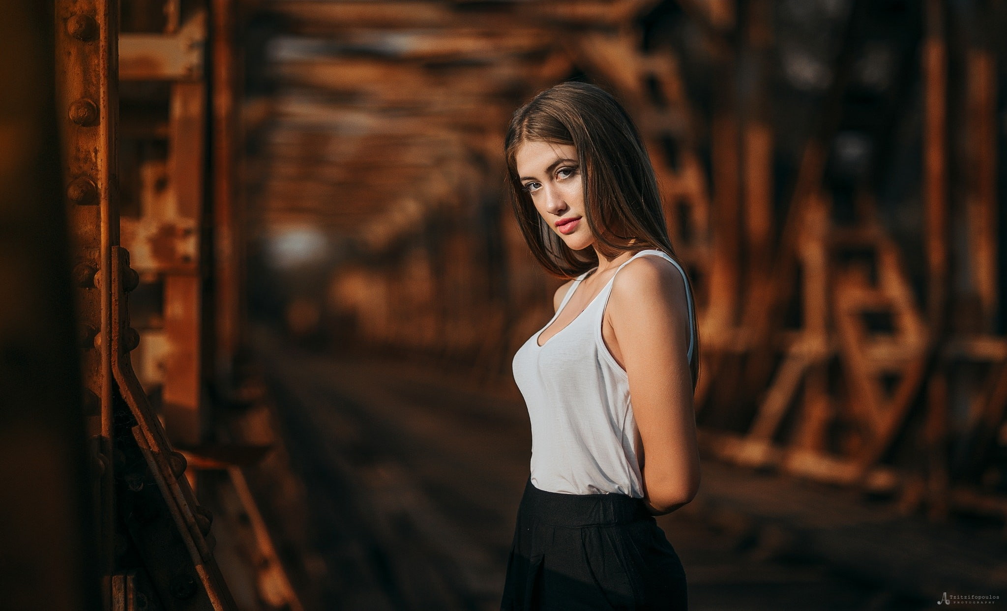looking at viewer, skirt, Agelos Tzitzifopoulos, model, straight hair, auburn hair, long hair, depth of field, women, 1080P, HD Wallpaper