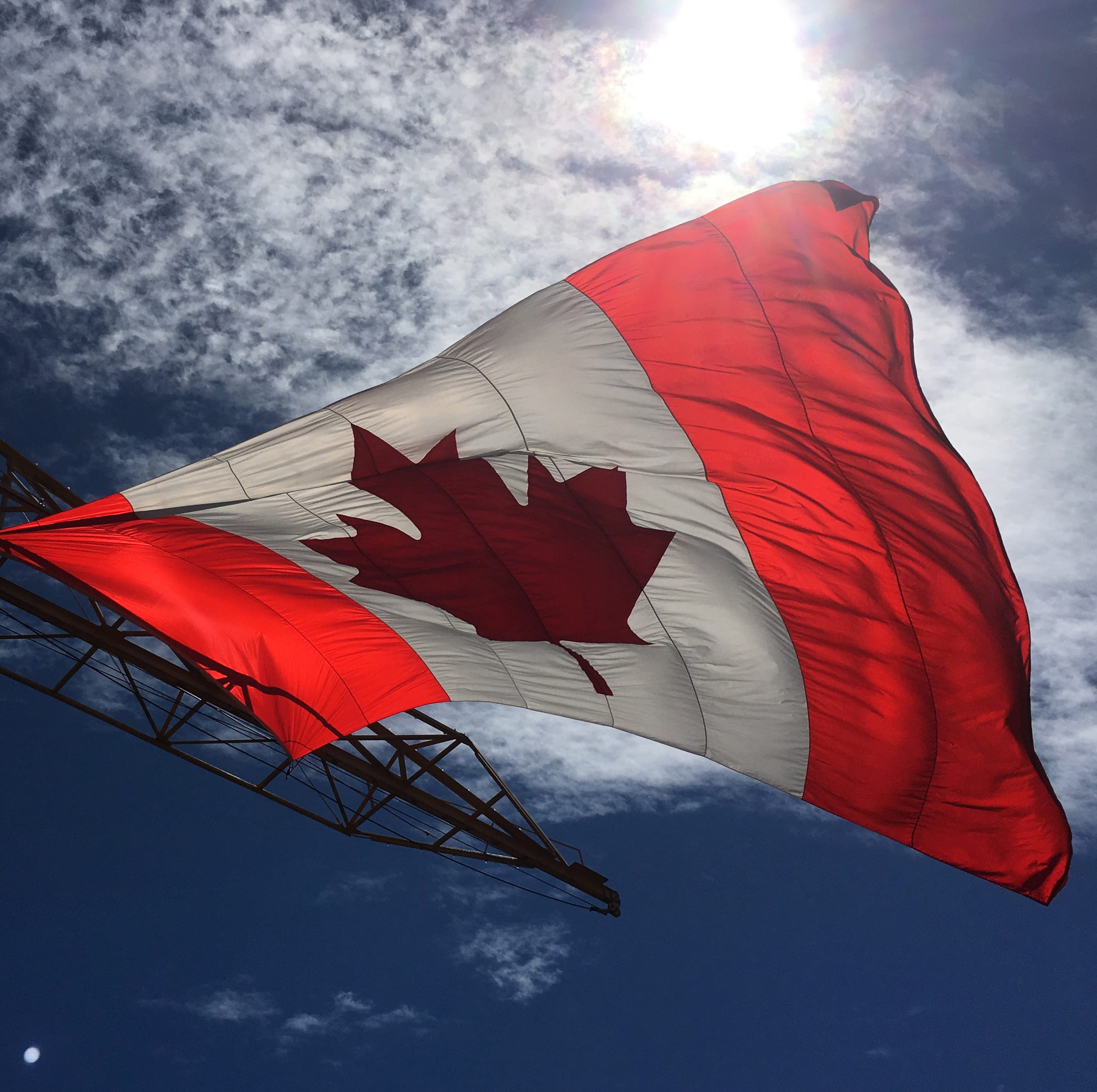 low angle view, canada, environment, red, outdoors, sky, cloud - sky, true north, national icon, freedom, emotion, canada flag, maple leaf, wind, canadian, HD Wallpaper