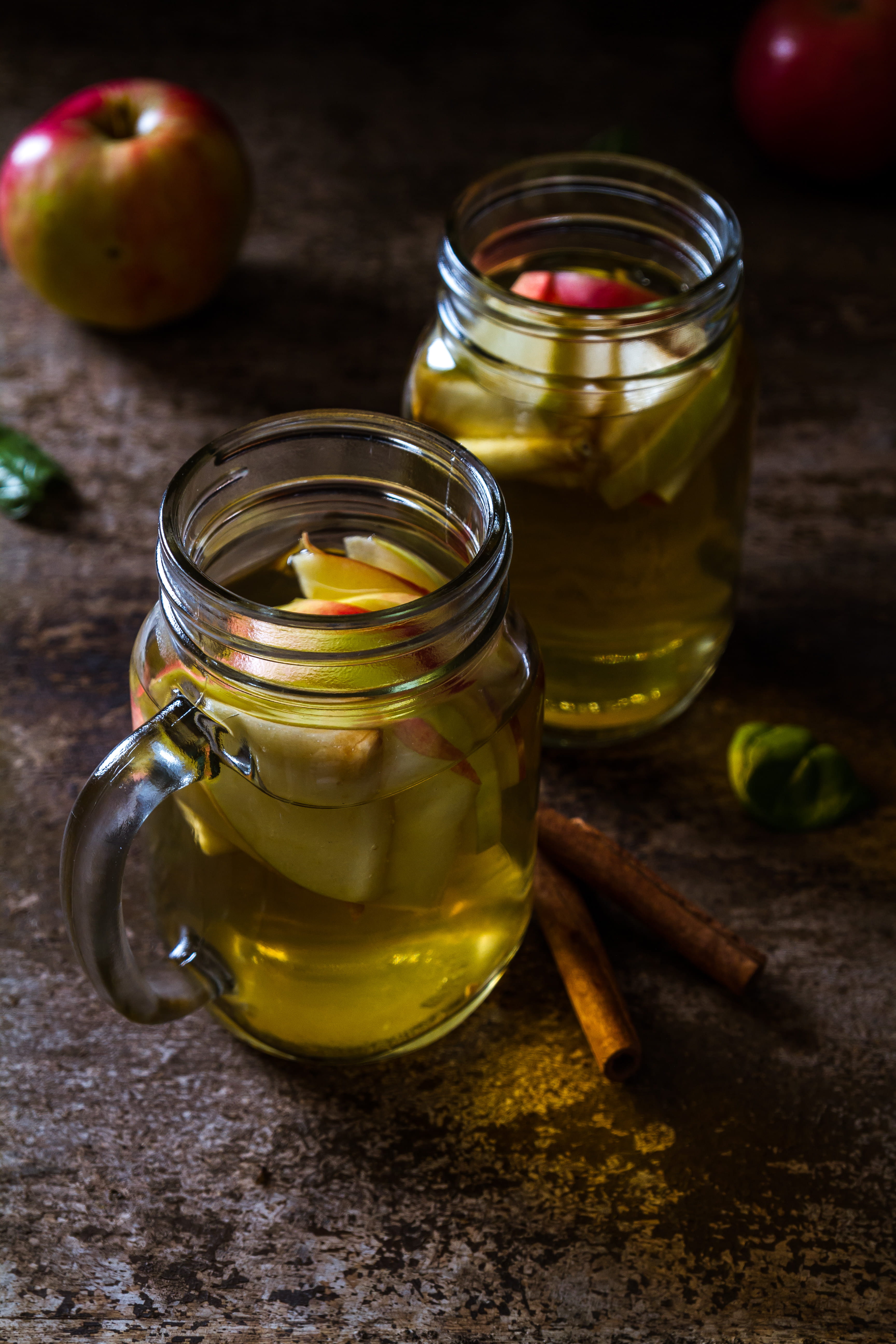 glass - material, apple - fruit, jar, fall, filled, food and drink, still life, container, clear, apple juice, jars, herb, wood - material, apple, 5K, Phone HD Wallpaper