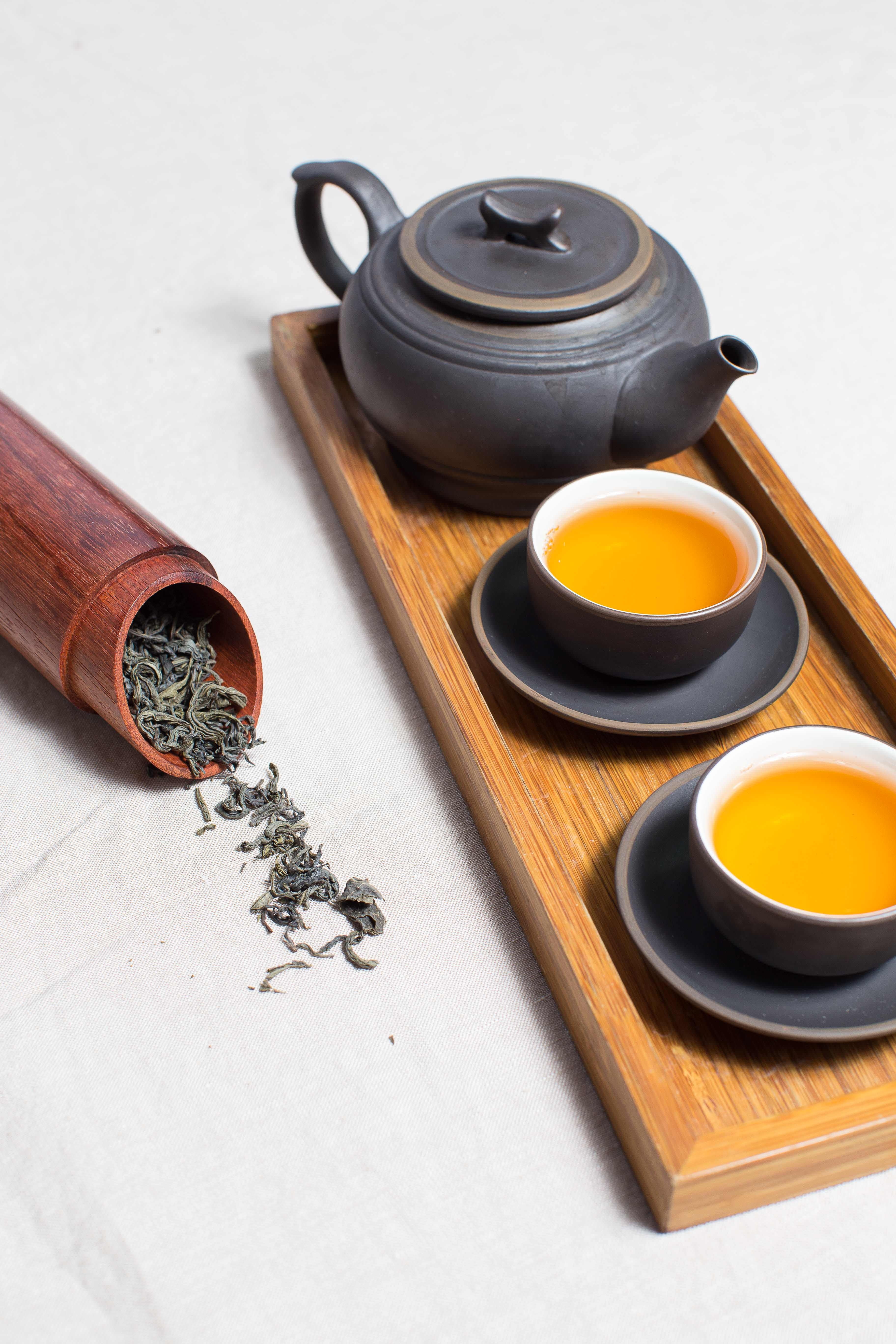studio shot, white background, still life, wooden tray, food and drink, beverage, saucer, tea cup, leaf, dried tea leaves, bamboo, wood - material, teapot, Phone HD Wallpaper