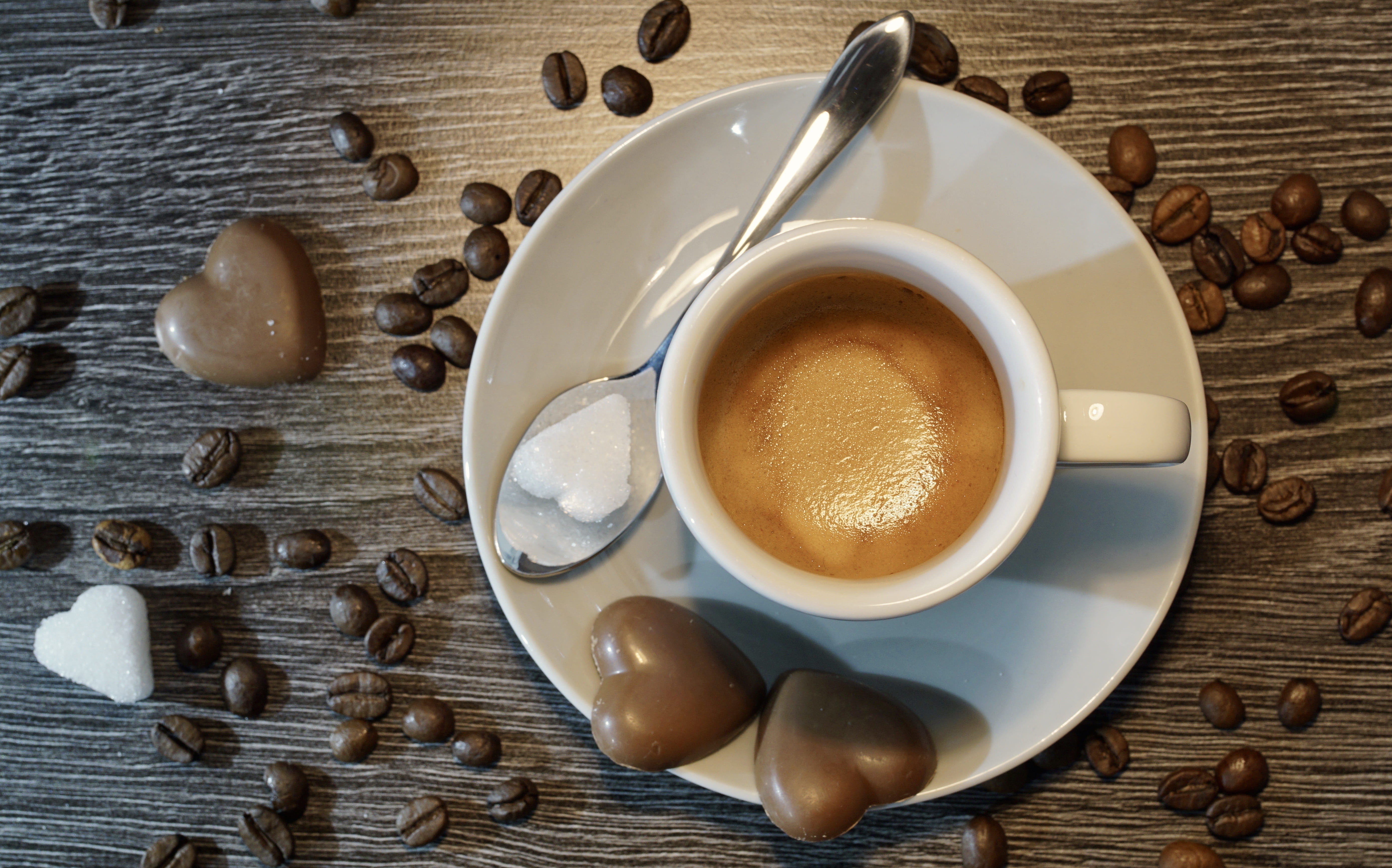 spoon, espresso, caffeine, decoration, symbol, table, kitchen utensil, frothy drink, symbolism, cup, heart symbol, food and drink, heart, ceramic, gourmet, HD Wallpaper