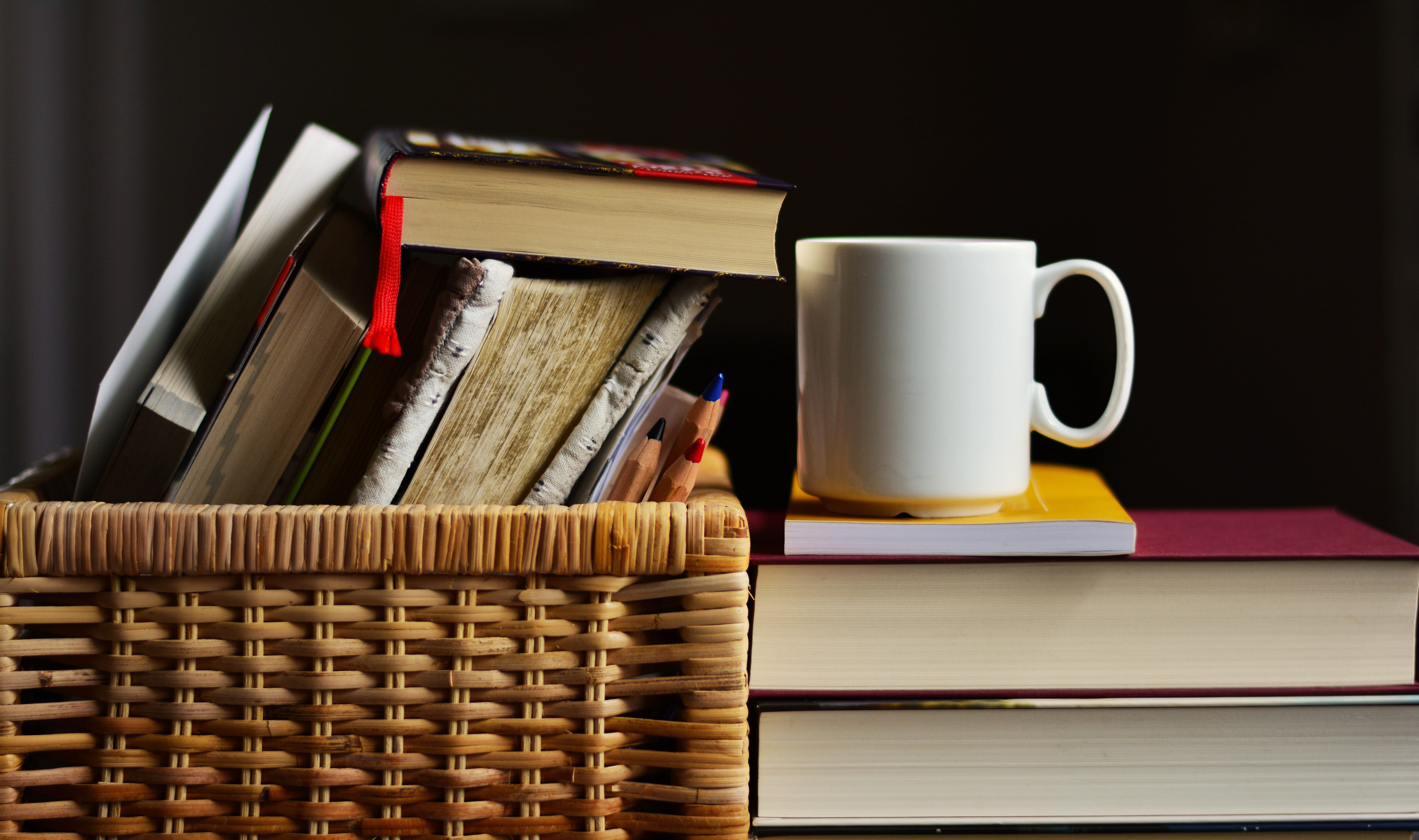 indoors, coffee - drink, learning, literature, publication, black background, table, brown, basket, know, drink, books, 5K, learn, coffee cup, cup, books crate, HD Wallpaper