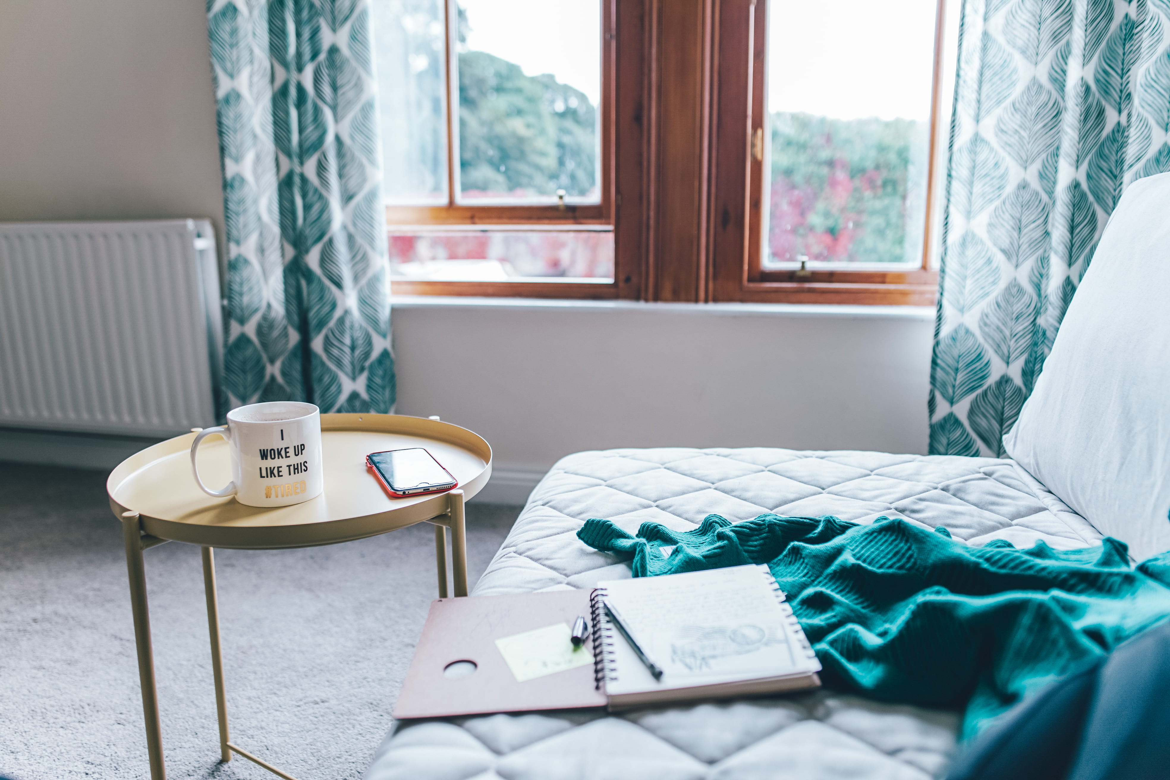 beside, bed, day, steel, textile, brown, electric lamp, still life, tray, window, bedroom, curtain, end, white, notebook, green, spiral, mug, frame, comforter, HD Wallpaper