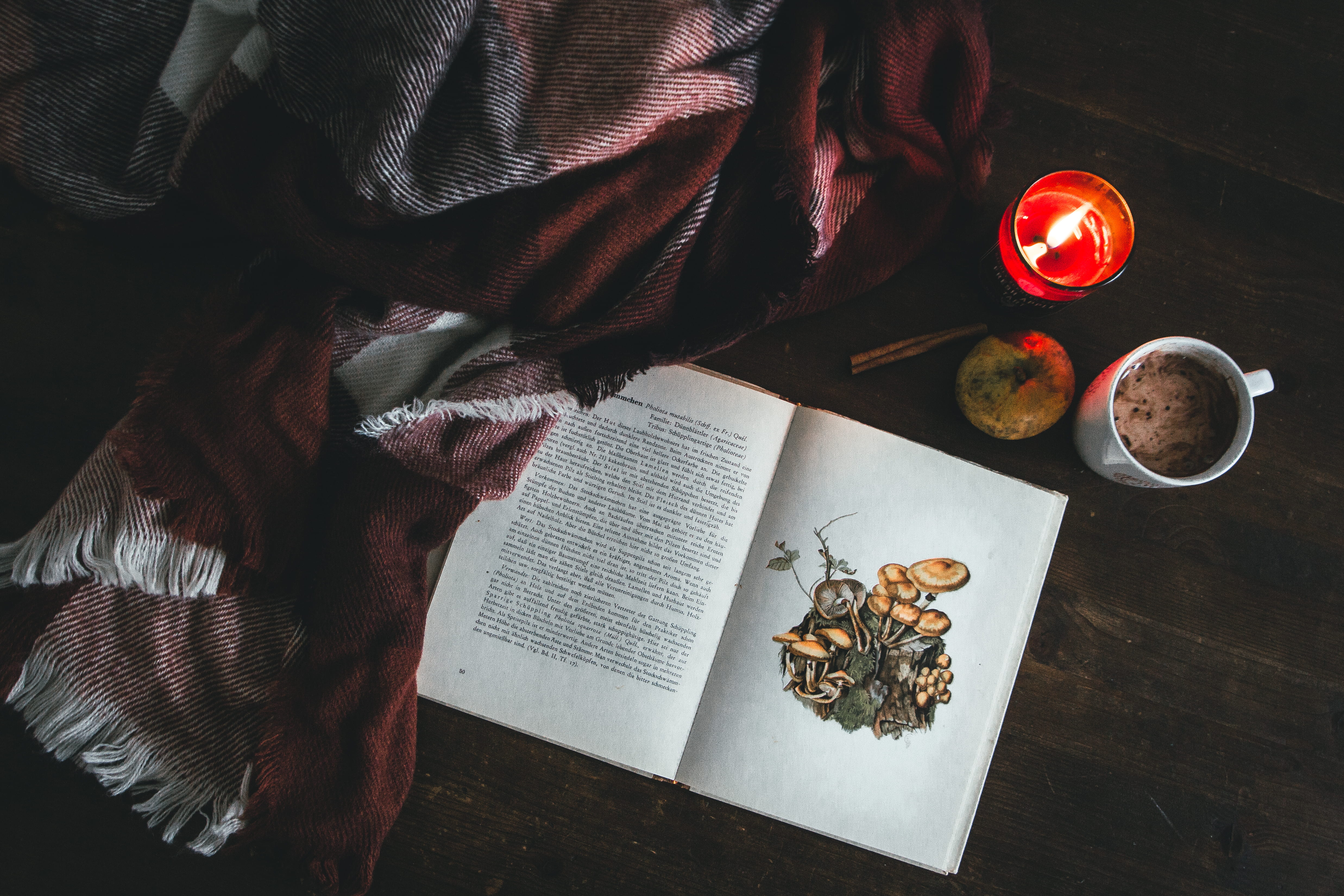 directly above, indoors, tealight, wooden, ceramic, book, one person, 4K, mug, ready-to-eat, wellbeing, open, freshness, candle, healthy eating, red, food and drink, HD Wallpaper