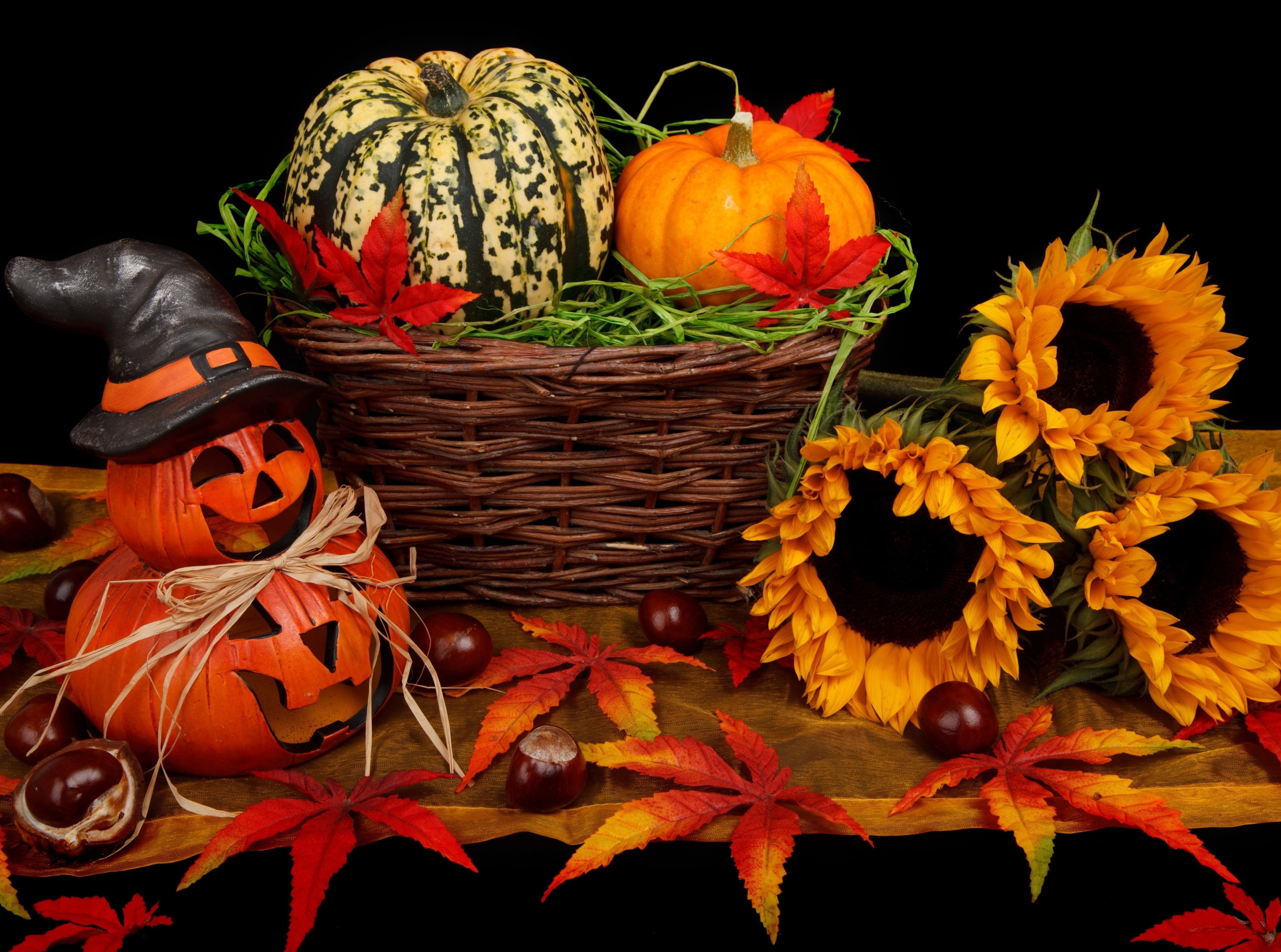 Orange, Halloween, jackolanterns, food and drink, basket, still life, 4K, freshness, holyday, container, Autumn, pumpkin, Trick, leaf, Spooky, orange color, HD Wallpaper