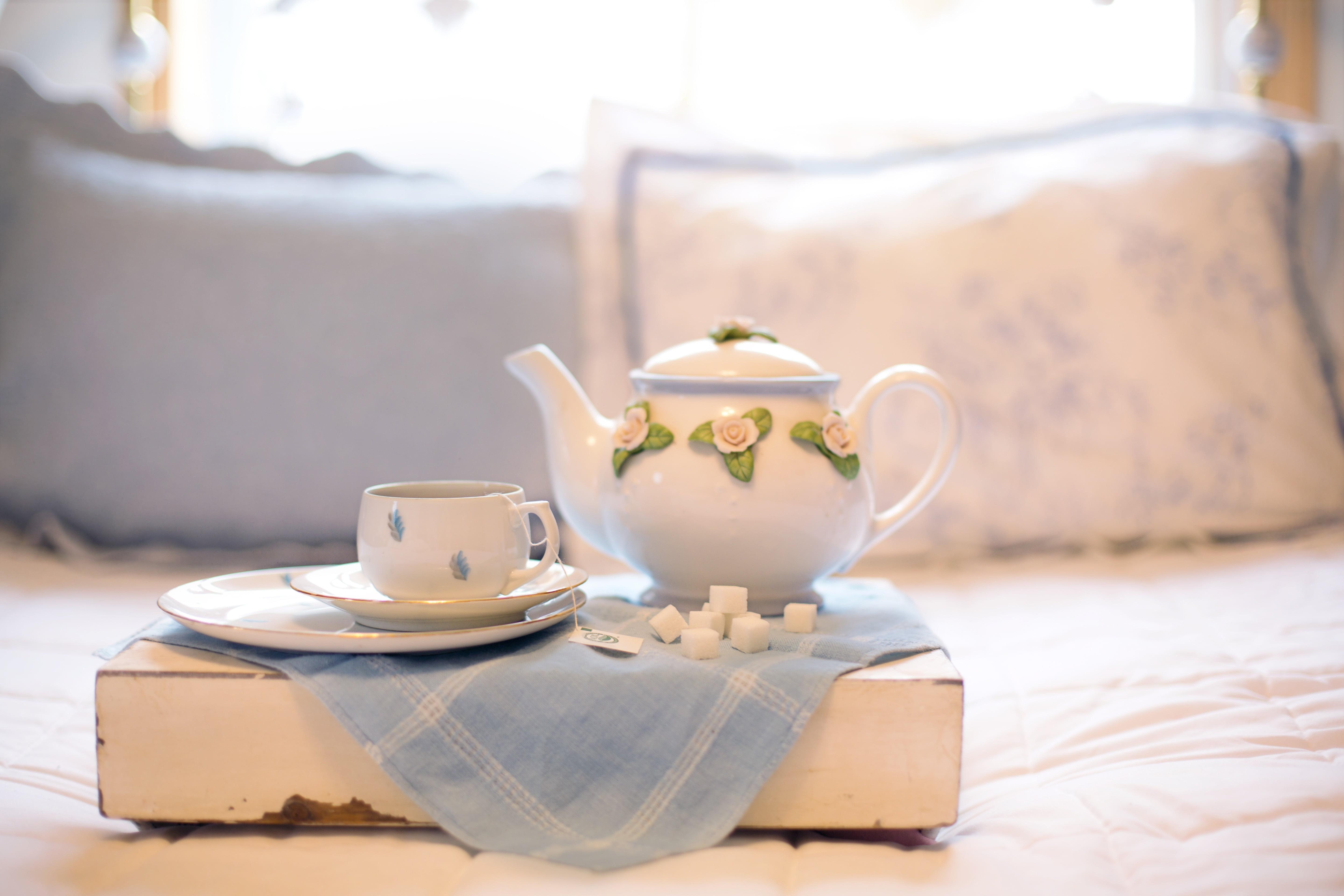 teapot, hot drink, breakfast, morning, pale blue, shallow, domestic room, coffee pot, close-up, photography, tea cup, kettle, day, coffee - drink, wake up, HD Wallpaper
