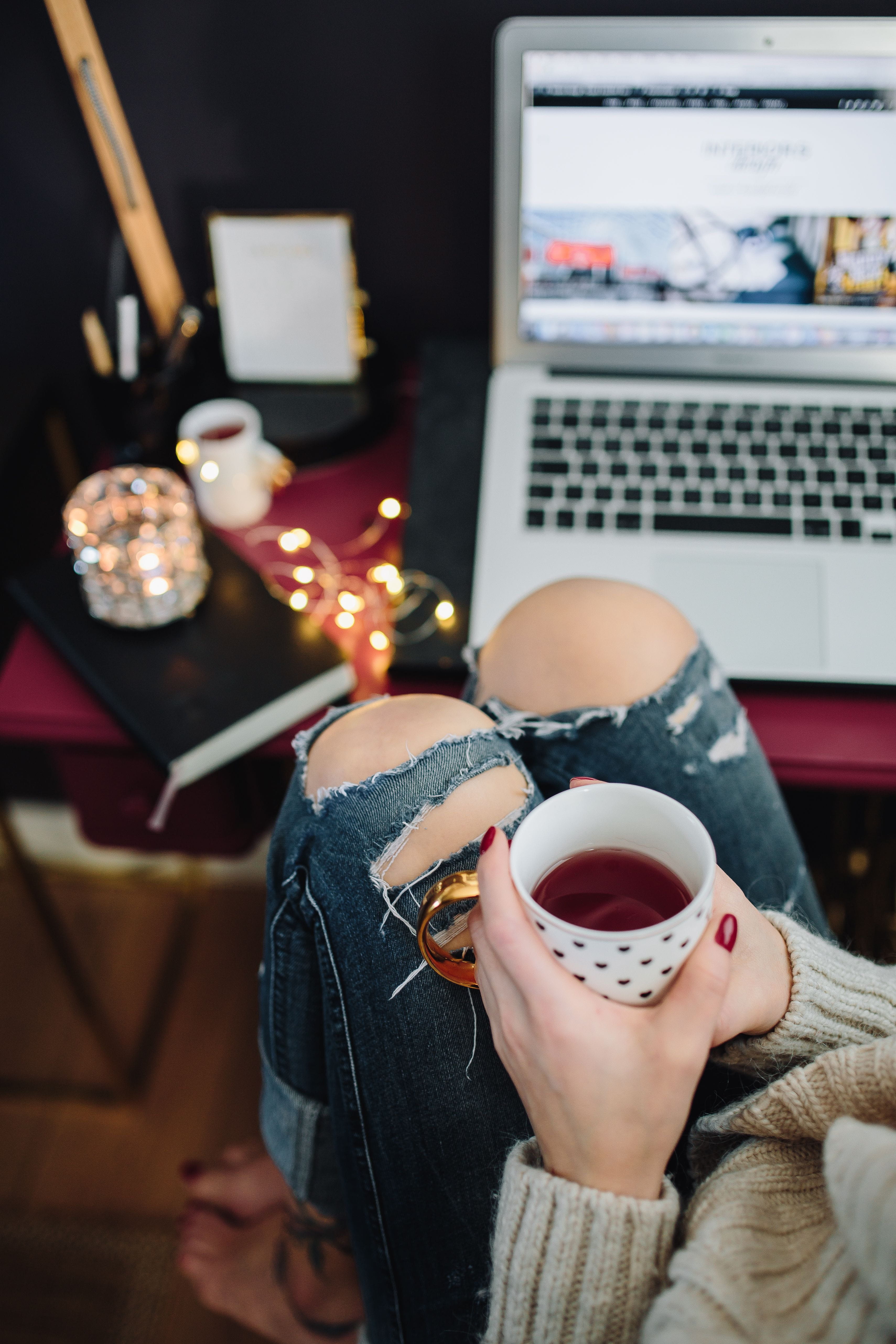 caucasian, adult, office, home office, comfortable, coffee Cup, people, 5K, wool, women, macbook, young, warm, technology, laptop, coffee - Drink, winter, Phone HD Wallpaper