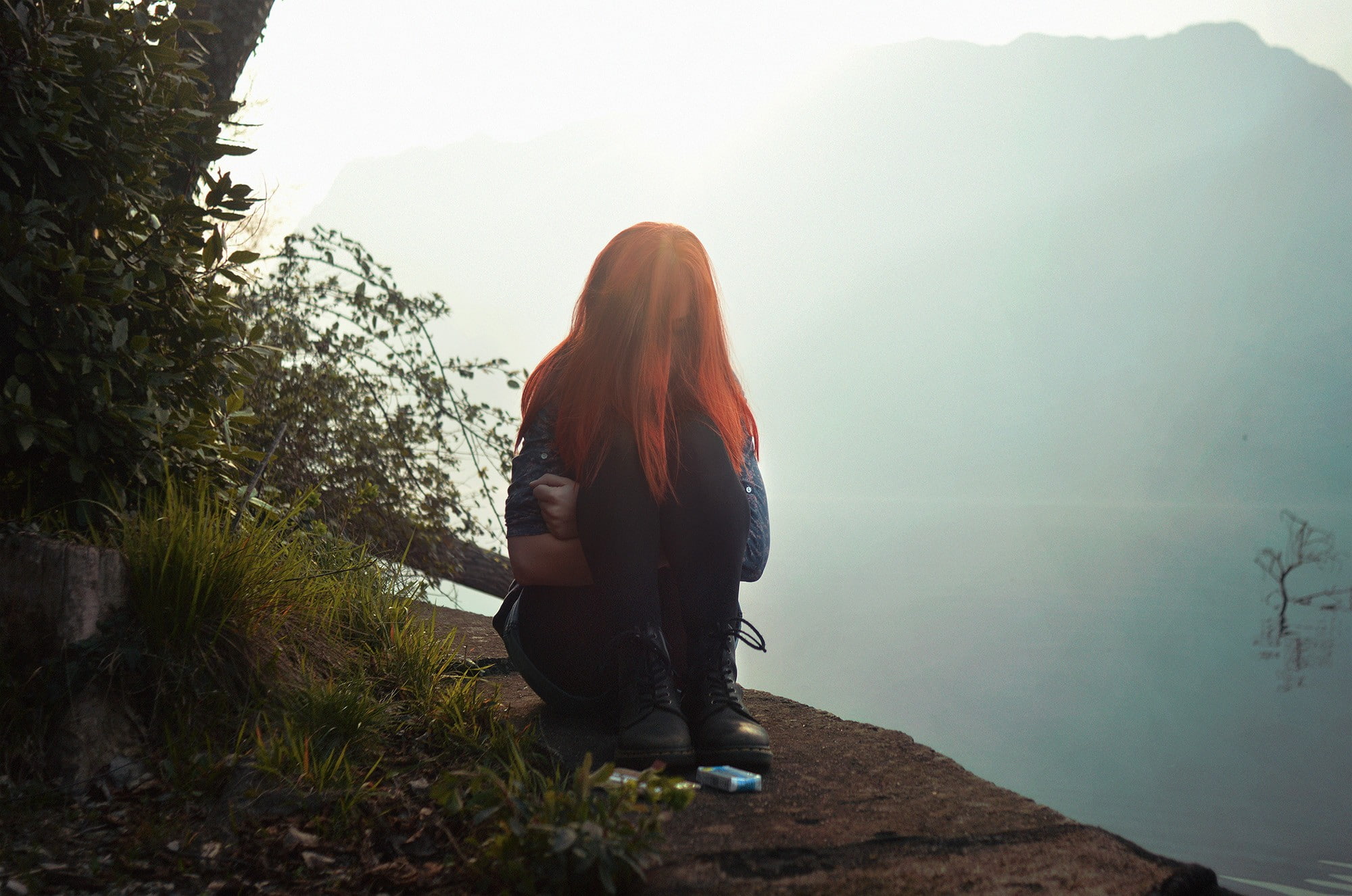 rear view, casual clothing, 1080P, looking at view, introvert, tranquility, growth, redhead, lifestyles, fog, sitting, real people, cliff, tree, full length, HD Wallpaper