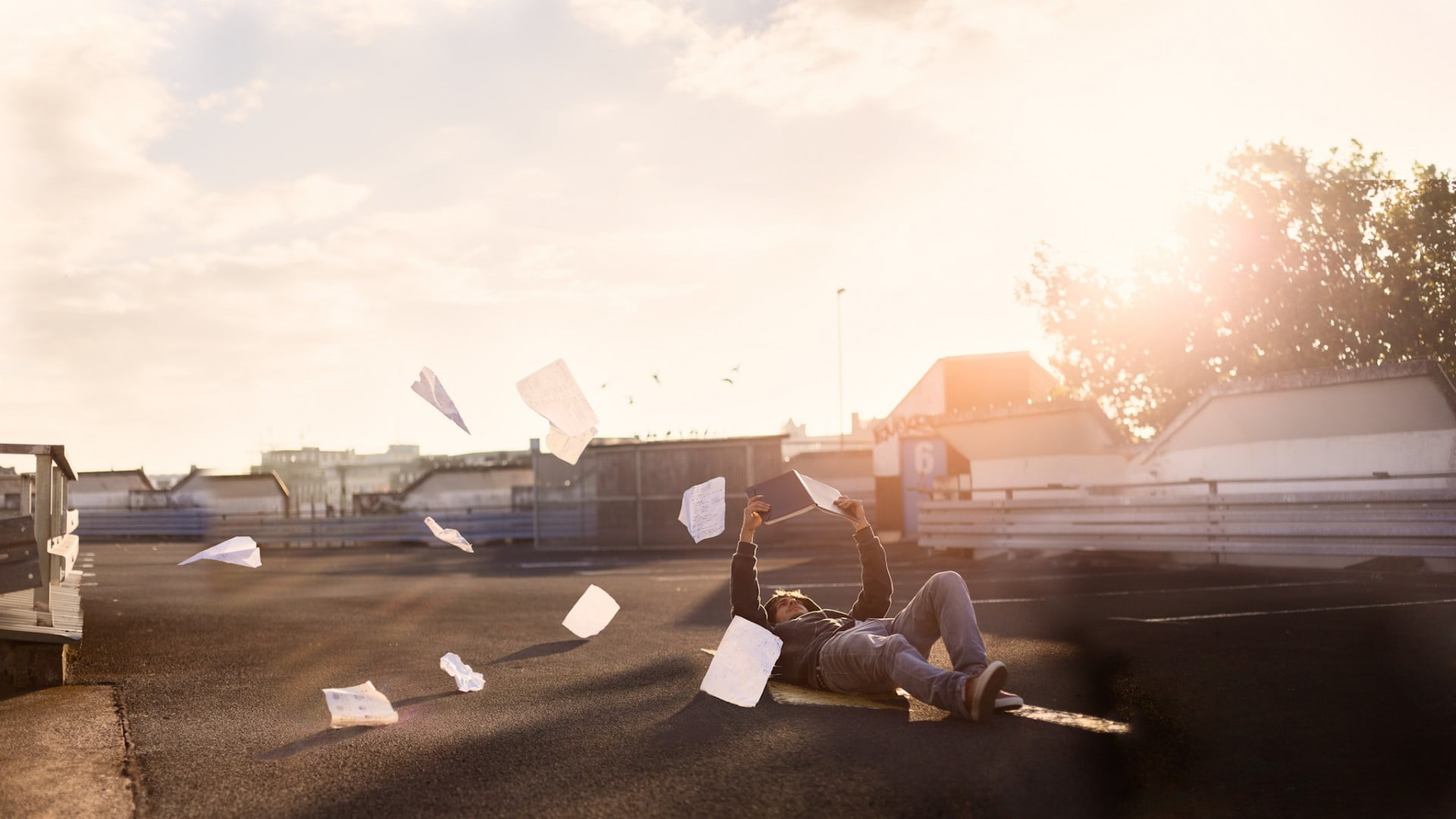 sky, lens flare, travel, gray, 1080P, lying down, nature, shirt, mode of transportation, built structure, cloud - sky, men, introvert, outdoors, airplane, HD Wallpaper