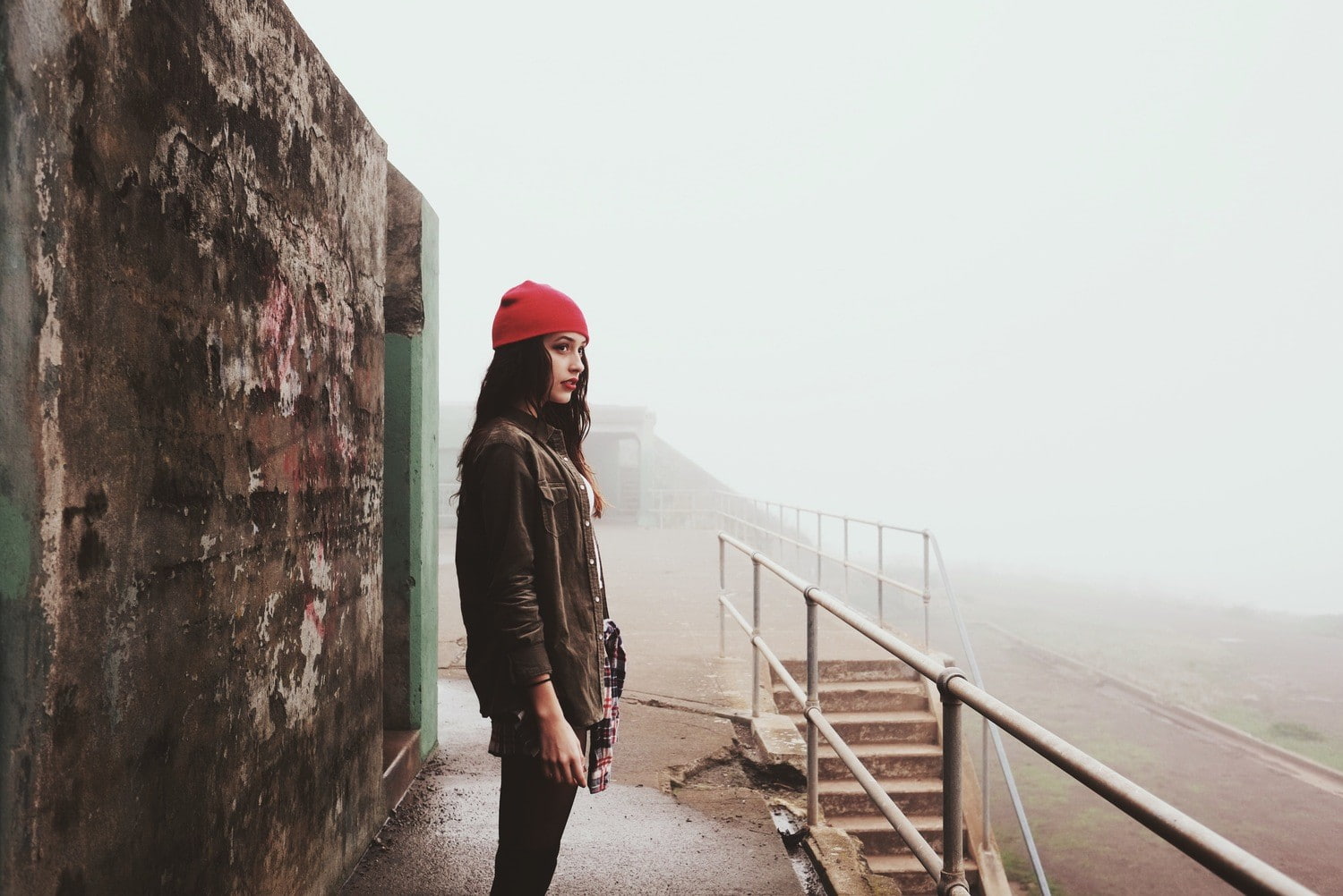 dark hair, introvert, mist, women, women outdoors, brunette, red lipstick, 720P, jacket, shirt, HD Wallpaper