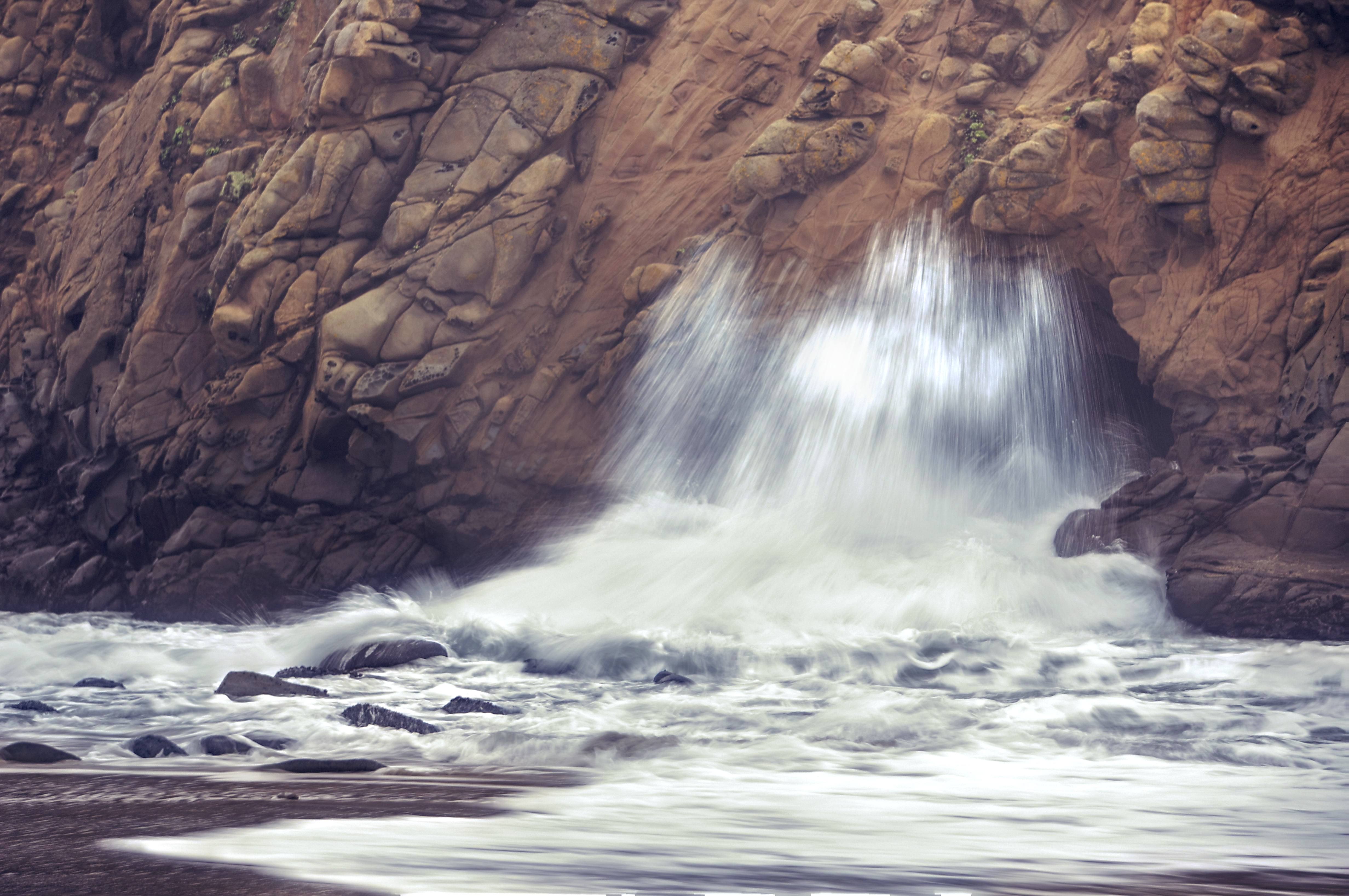 waterfall, Ocean  Pacific, NEX-6, nature  photography, photography, Beach, beauty In Nature, Big Sur, 4K, RAW, SEL-55210, Pfeiffer, Pacific Ocean, stream, HD Wallpaper