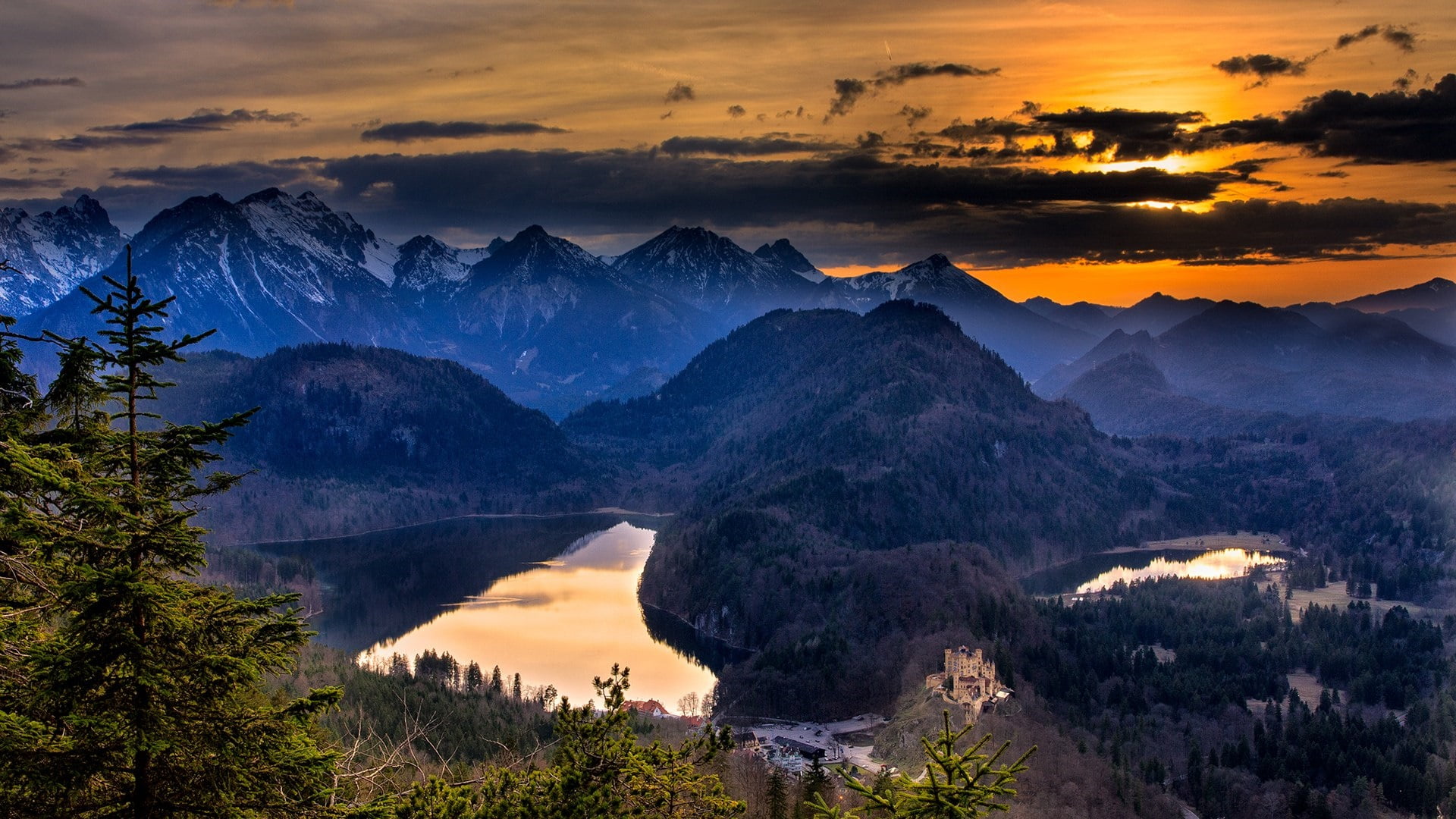 sunset, travel destinations, europe, mountain peak, idyllic, mountain, non-urban scene, tree, plant, tranquil scene, environment, bavarian alps, schwangau, HD Wallpaper