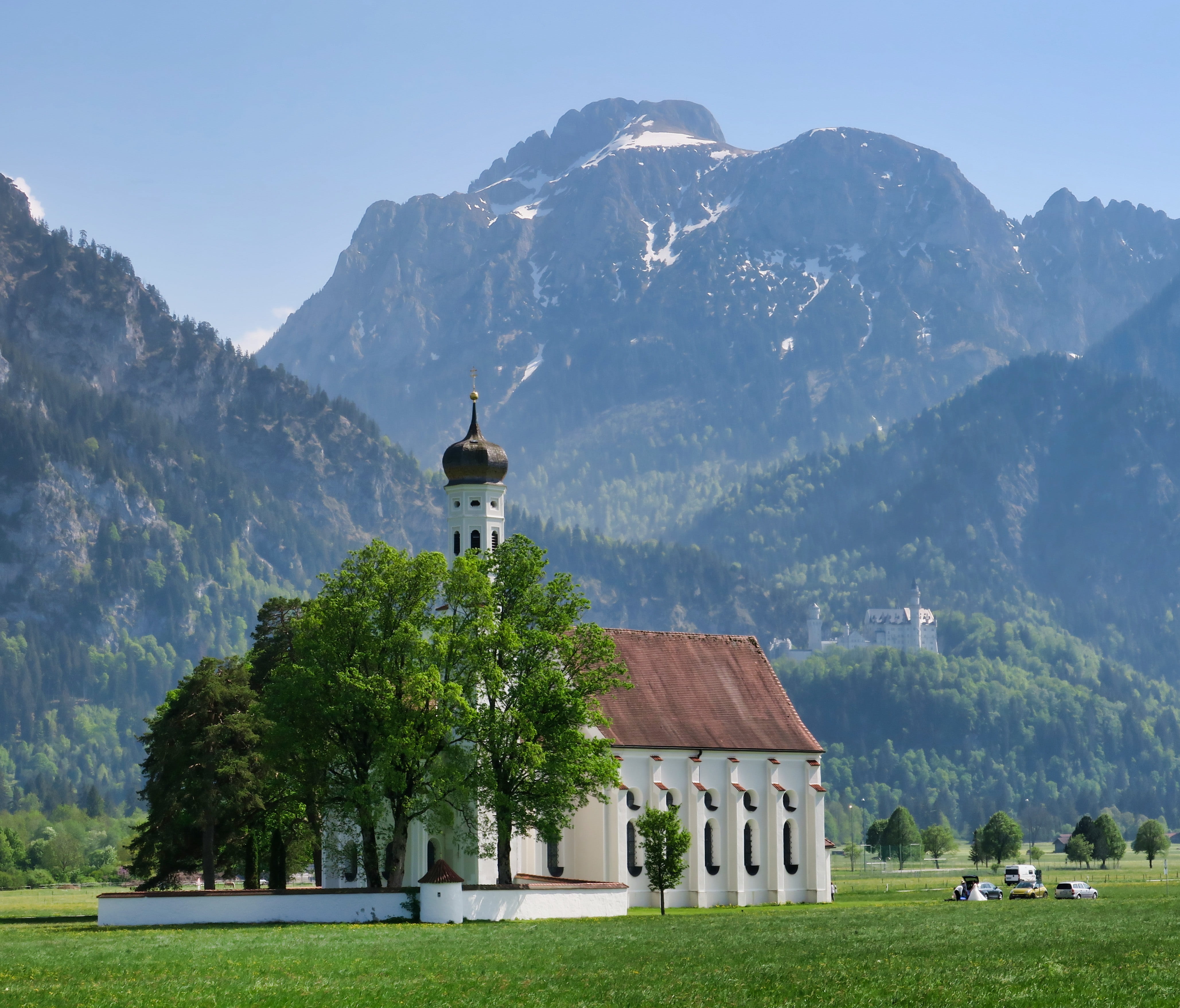 mountains, pilgrimage church, neuschwanstein castle, outdoors, day, schwangau, plant, built structure, 4K, chapel, belief, spirituality, nature, tree, HD Wallpaper