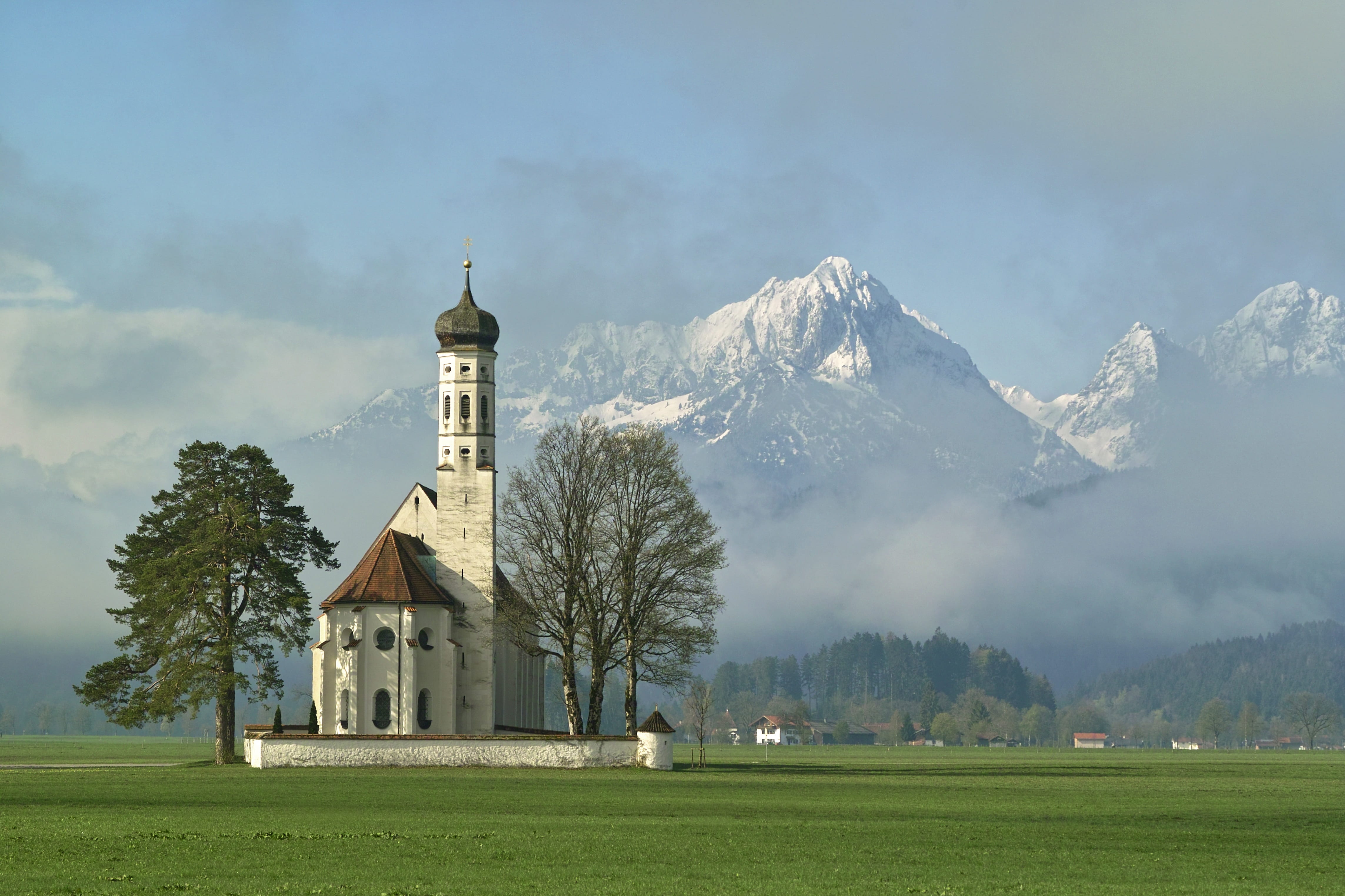 saint coloman, church, building, steeple, nature, plant, sky, cloud - sky, outdoors, spirituality, architecture, building exterior, no people, spring, mountain, HD Wallpaper
