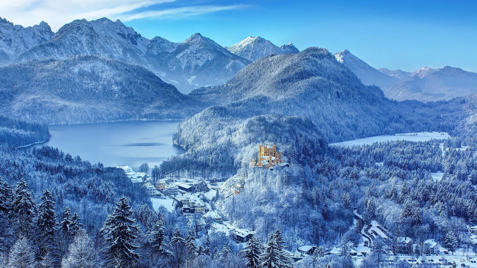 schwangau, germany, 1080P, hohenschwangau castle, tranquility, snow, outdoors, alps, mountain, nature, water, castle, freezing, mount scenery, sky, formation, HD Wallpaper