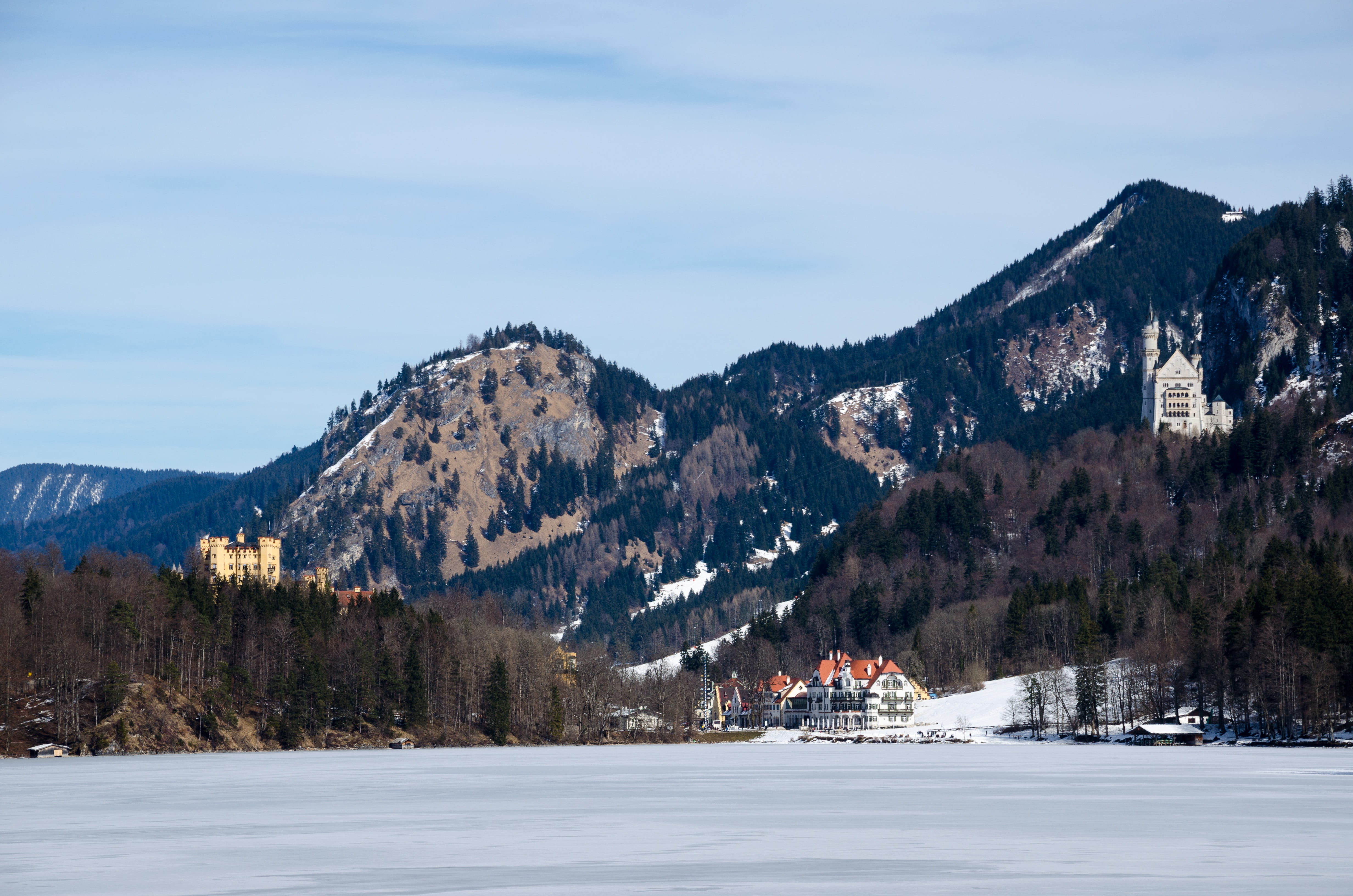 building exterior, hohenschwangau, ski resort, panorama, forest, scenics - nature, snow, trees, 4K, mountain range, day, built structure, white color, HD Wallpaper