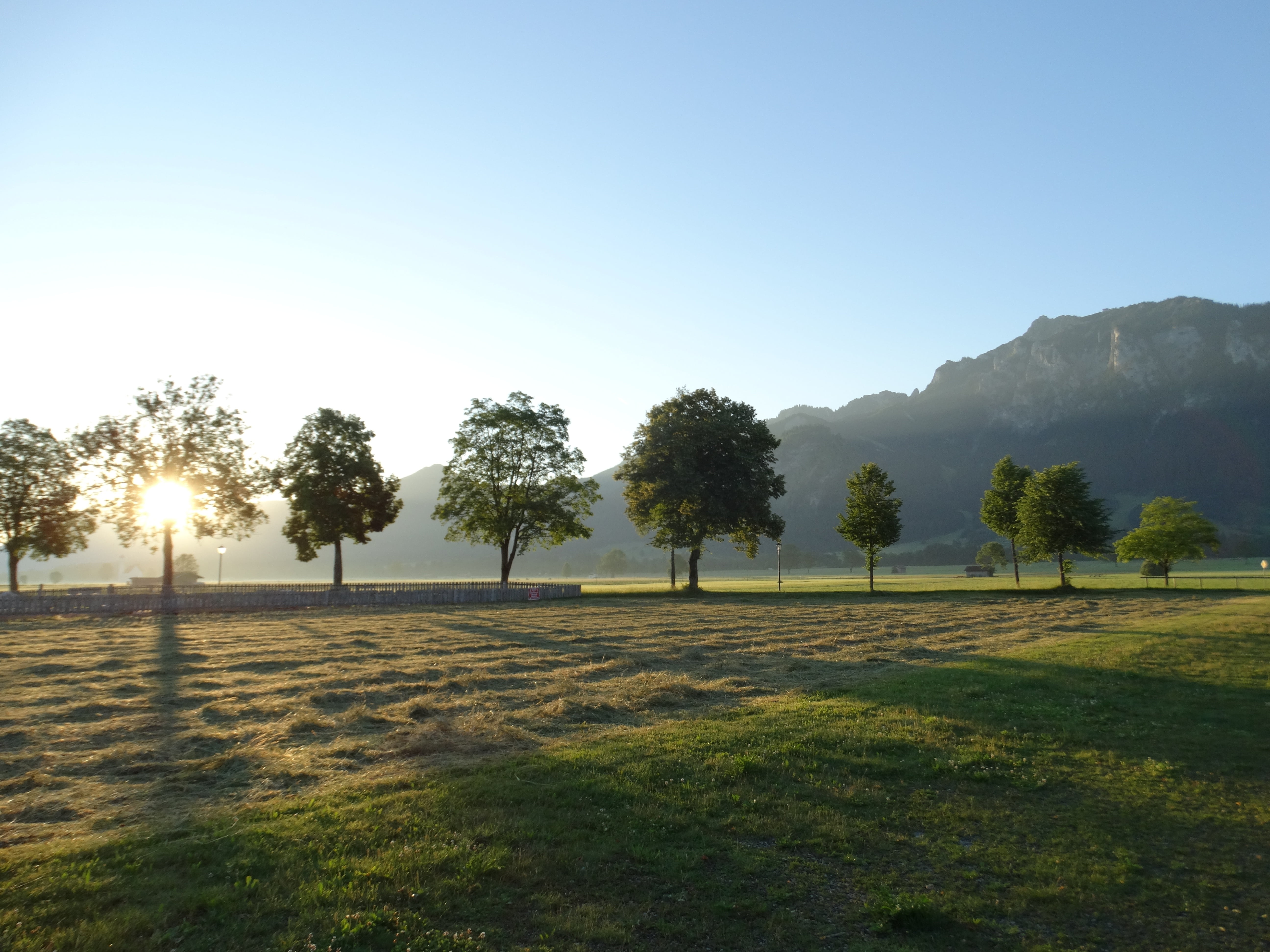 sunrise, grass, land, blue sky, clear sky, alpine, green color, landscape, scenics - nature, outdoors, beauty in nature, day, field, nature, sky, no people, HD Wallpaper