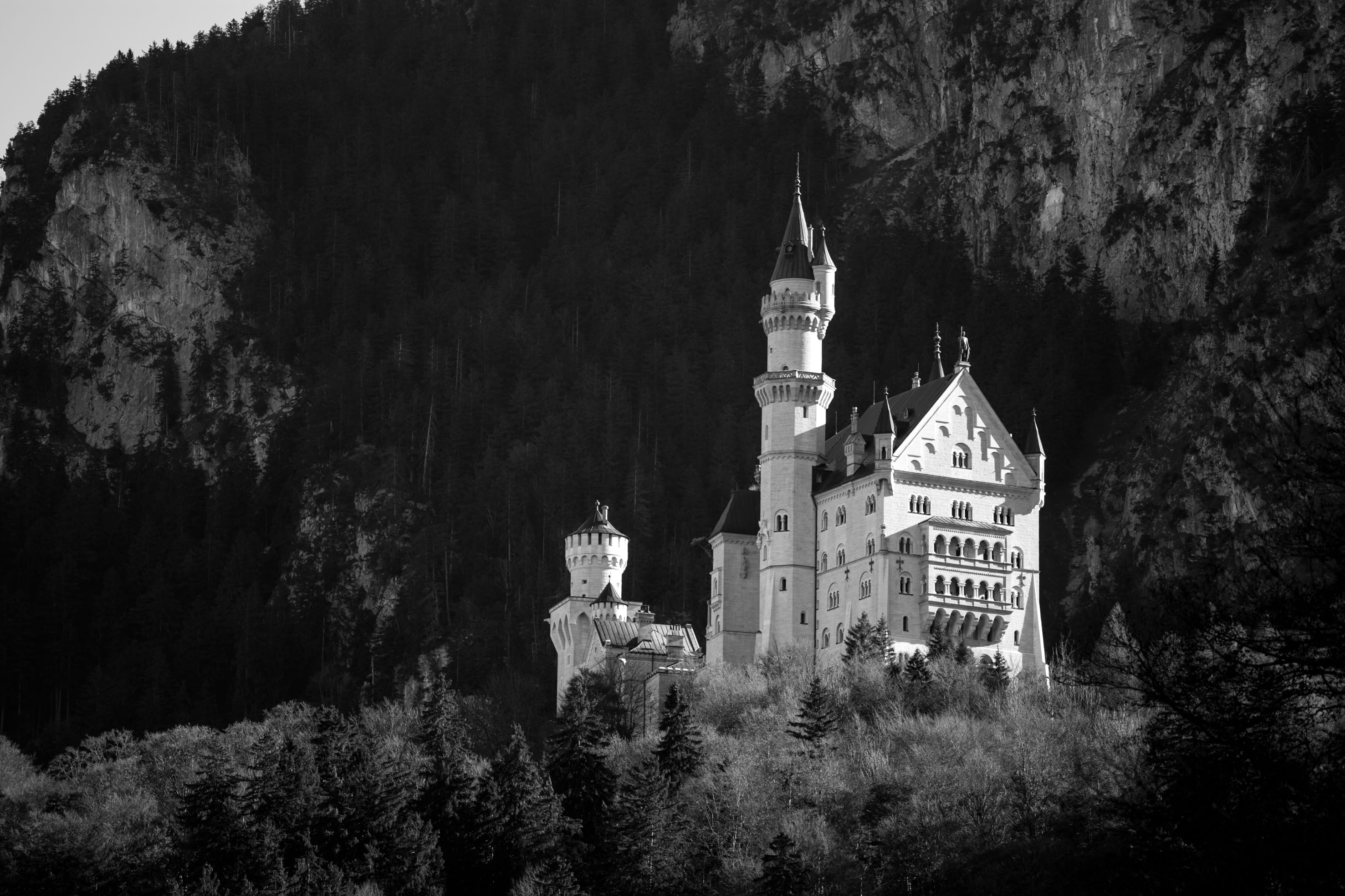travel, autumn, forest, low angle view, belief, architecture, the past, bavaria, built structure, schwangau, spirituality, spire, religion, germany, 2K, HD Wallpaper