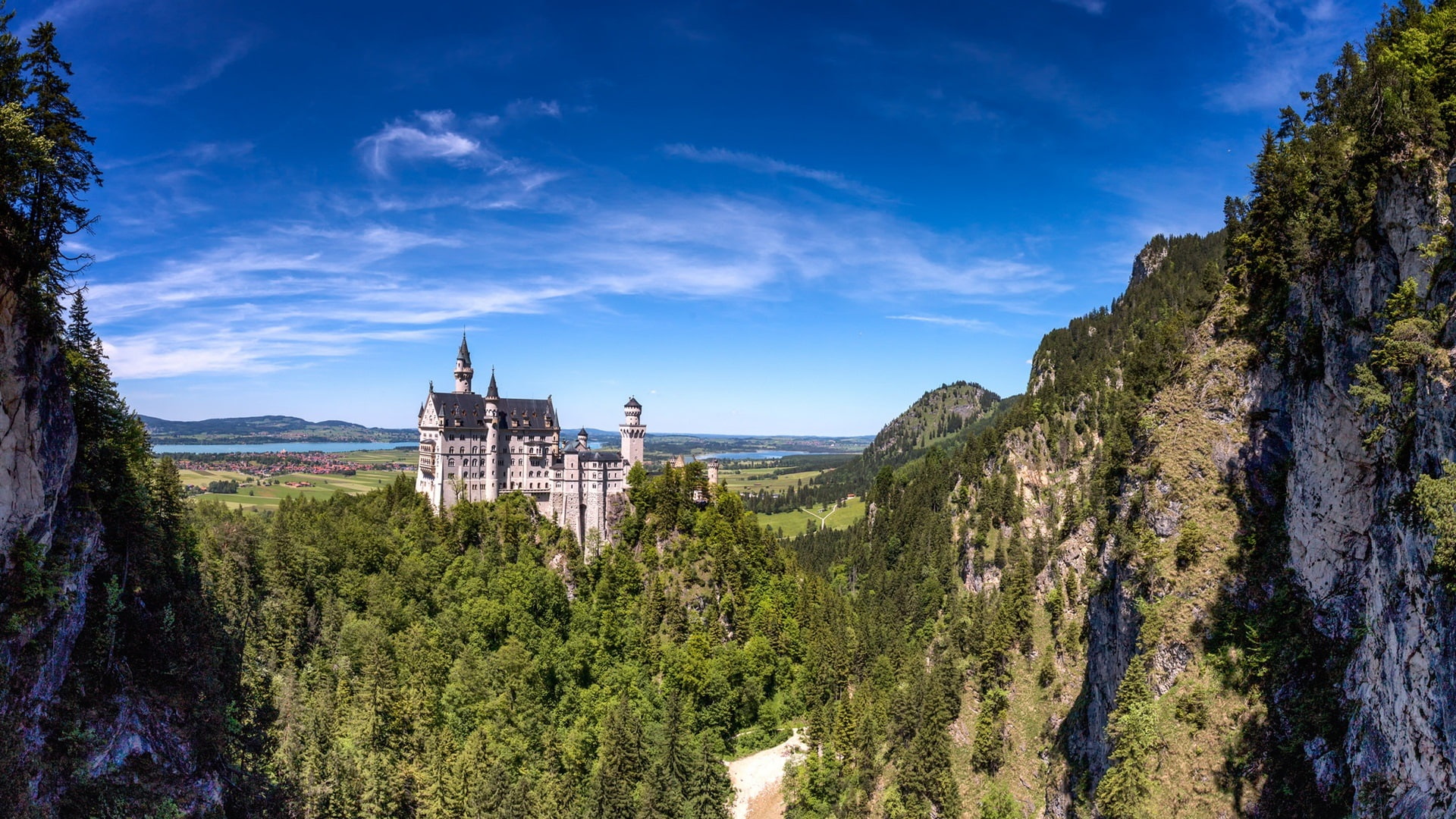 Bavaria, Mountains, Castle, Blue, Sky, Neuschwanstein, Trees, 1080P, Germany, HD Wallpaper