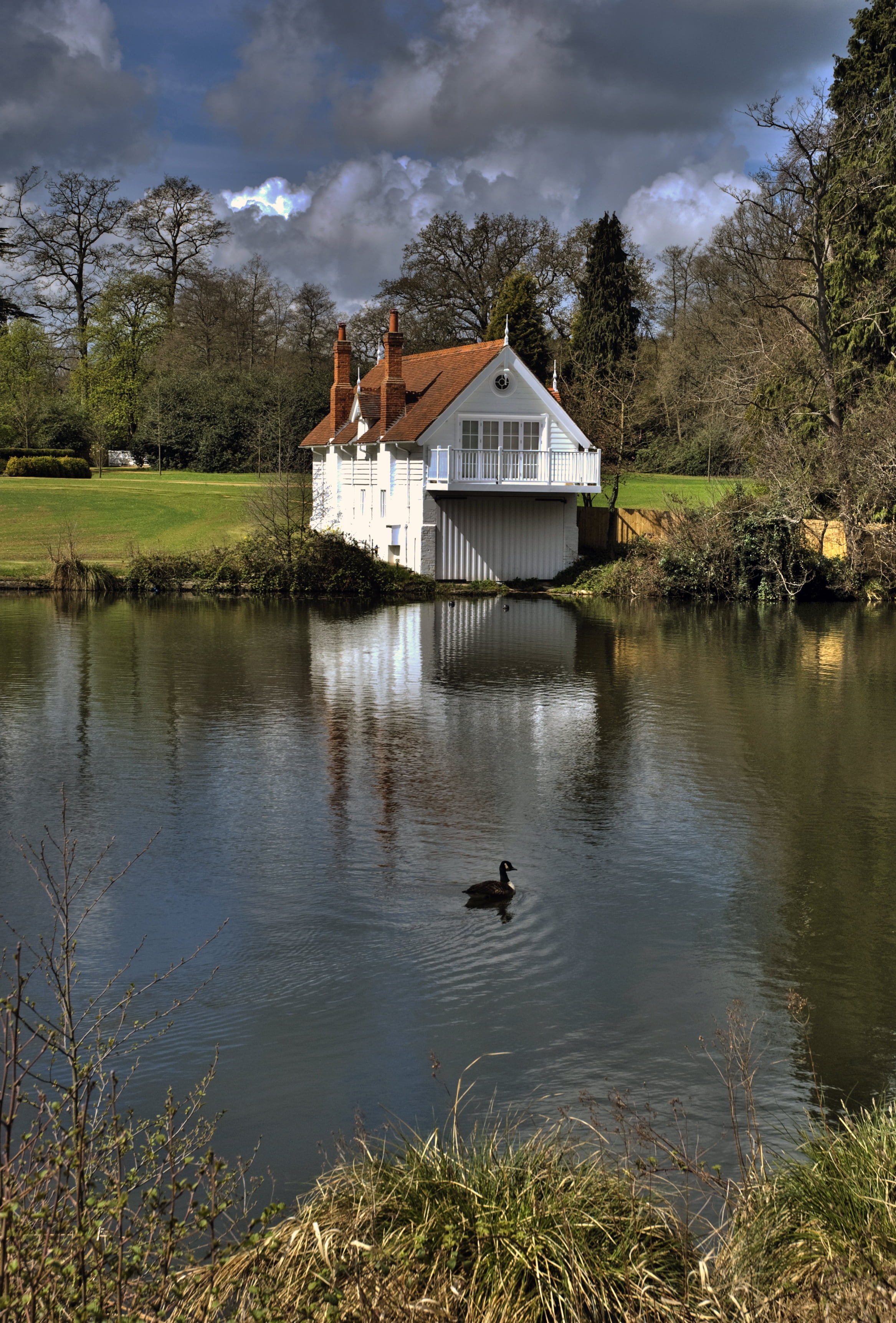 view  lake, bird  house, house, white house, architecture, Thanks, black duck, black, 2K, body of water, spring, flickr, reflection, white, body, water, Phone HD Wallpaper