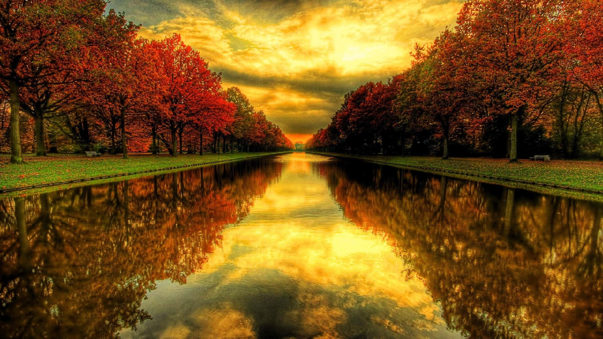 nature, yellow clouds, bright green grass, warm colours, autumn trees, 1080P, yellow, semetchical, beauty, red, everlasting river, beautiful, brown, HD Wallpaper