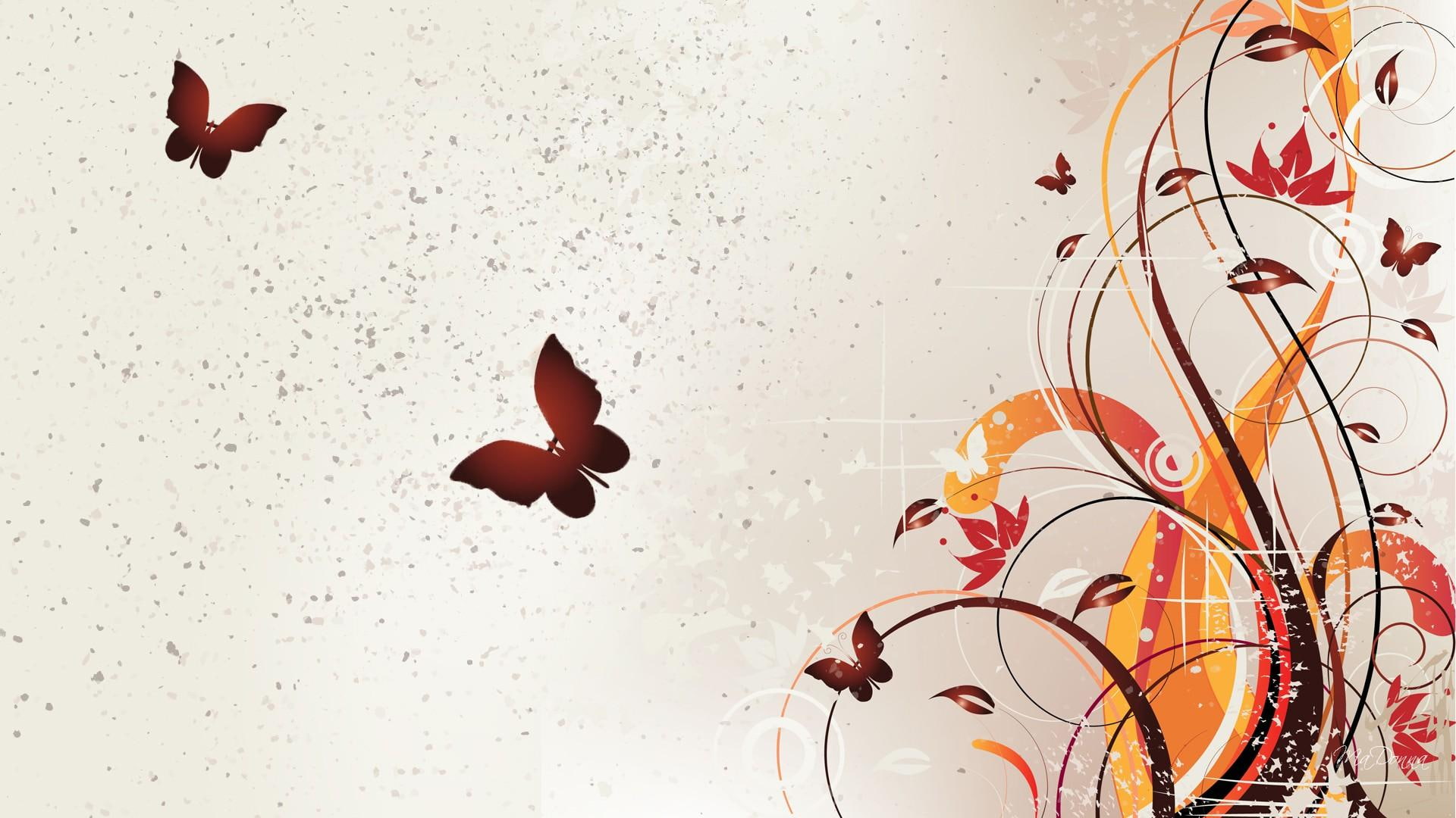 splatter, butterlfies, flowers, brown, abstract, leaves, nature, nature and landsc, autumn, fall, vines, floral, 1080P, HD Wallpaper
