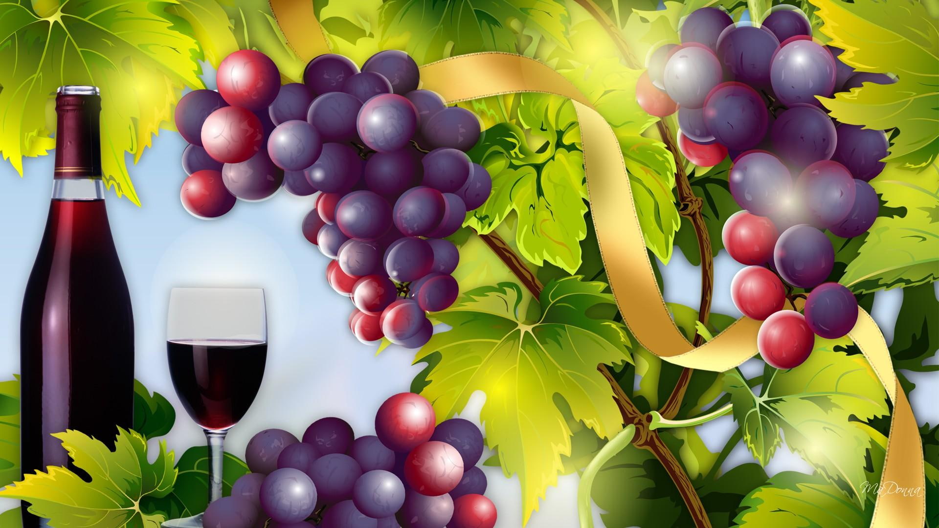 wine, sunshine, grapes, illustration, vinyard, harvest, fall, red, 1080P, leaves, ribbon, purple, alcoholic beverage made from fermented fruit juice, HD Wallpaper