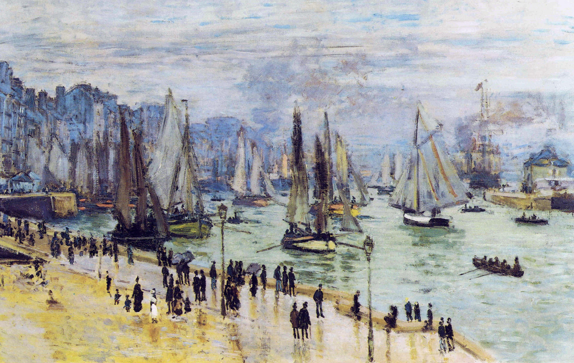 1080P, Fishing Boats Leave The Harbor. Le Havre, promenade, sail, picture, people, Claude Monet, seascape, HD Wallpaper