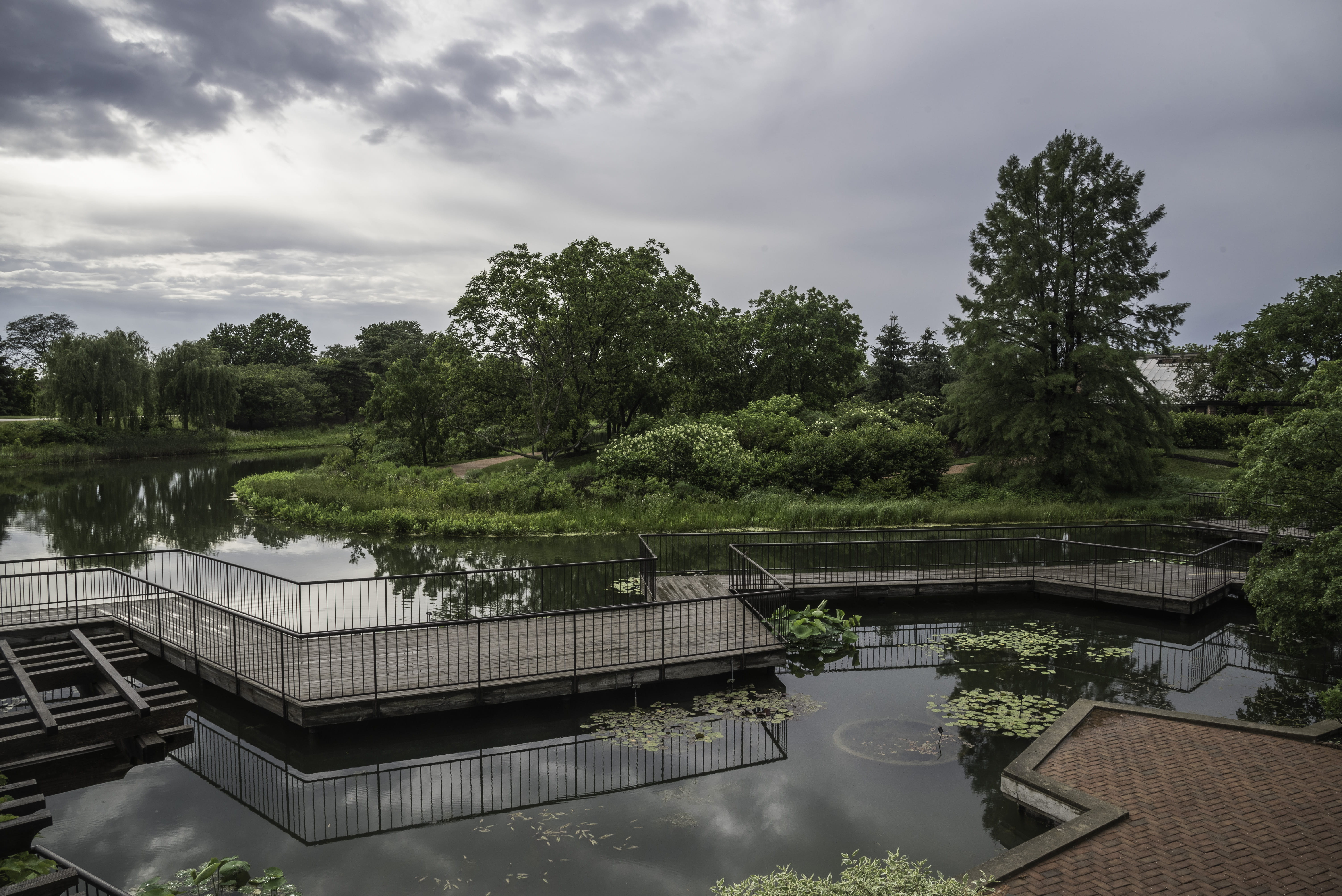 cloud - sky, Botanical Gardens, pond, 5K, public domain, architecture, tree, green color, botanical, growth, river, beauty in nature, floating on water, HD Wallpaper