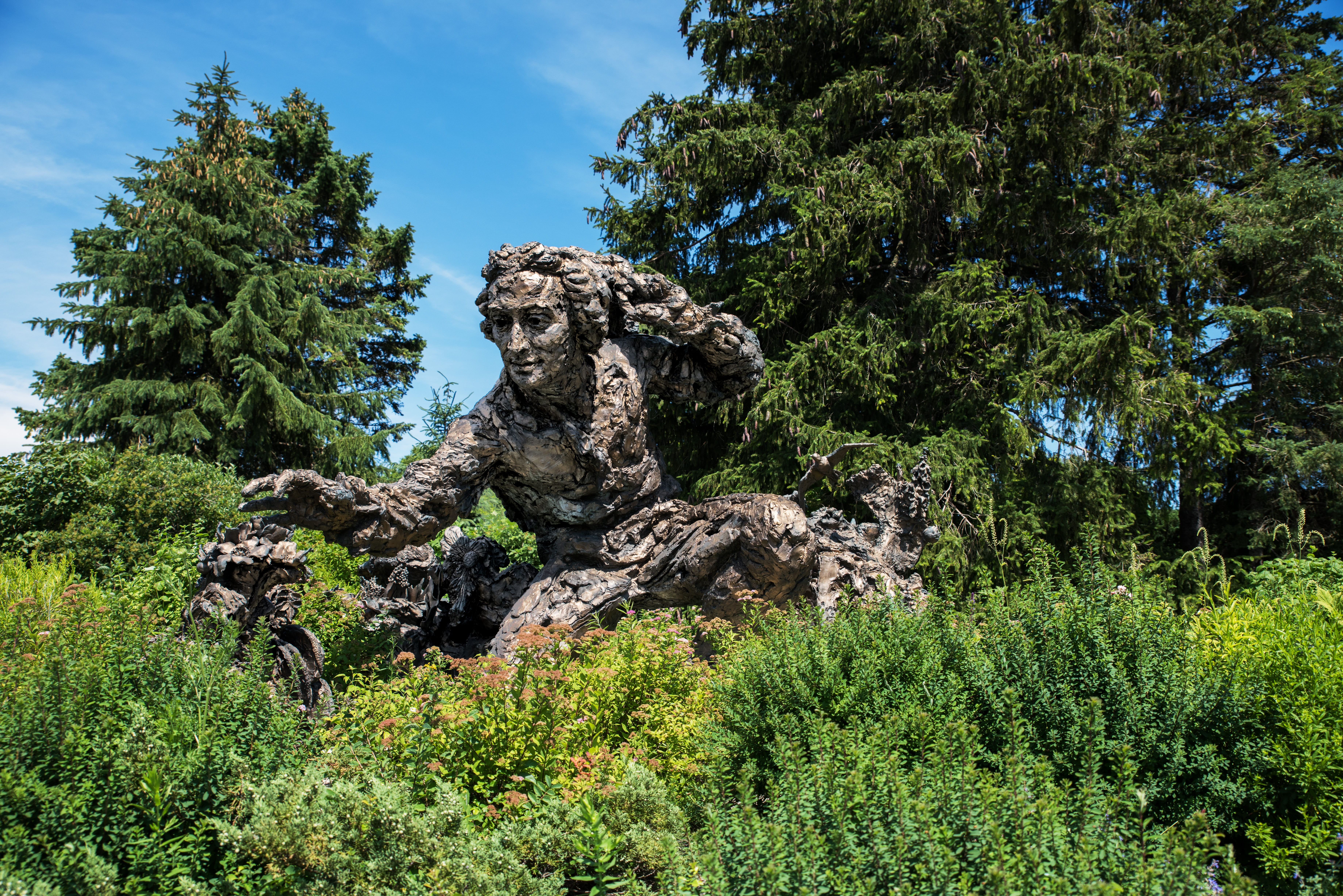 sculpture, lush foliage, day, flower, chicago botanic garden, scenics - nature, outdoors, 5K, growth, tranquil scene, no people, land, tranquility, green color, HD Wallpaper