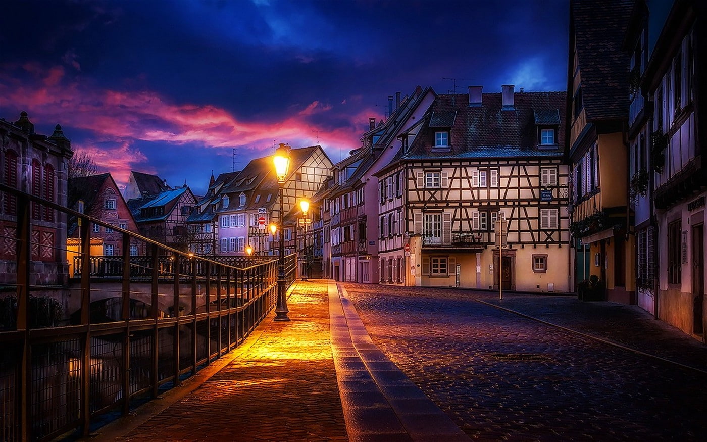 town, cloud - sky, clouds, sky, France, city, architecture, footpath, Canal, building, nature, illuminated, direction, transportation, Evening, built structure, HD Wallpaper