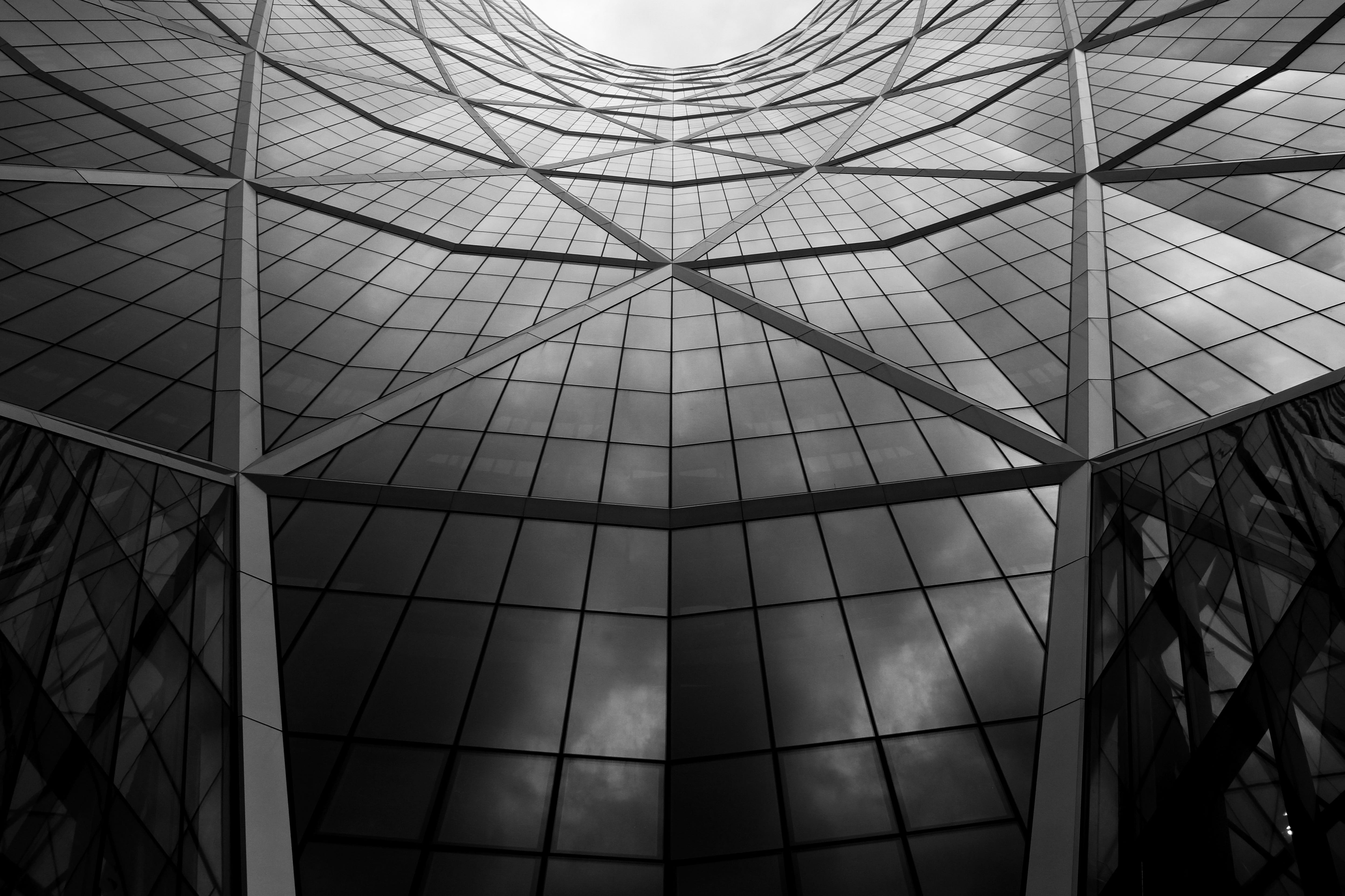 old, ceiling, glass, sunlight, indoors, day, monochrome, decoration, frame, office, structure, no people, modern, interior, black and white, built structure, HD Wallpaper