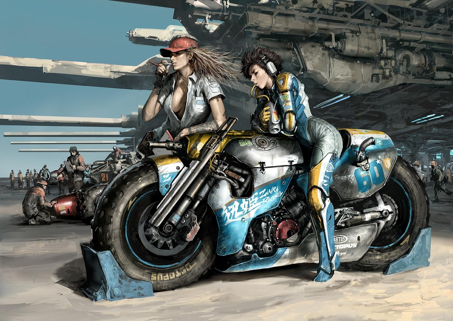 race, smoking, race car, futuristic, bikes, 1080P, women, 3d and abstract, HD Wallpaper