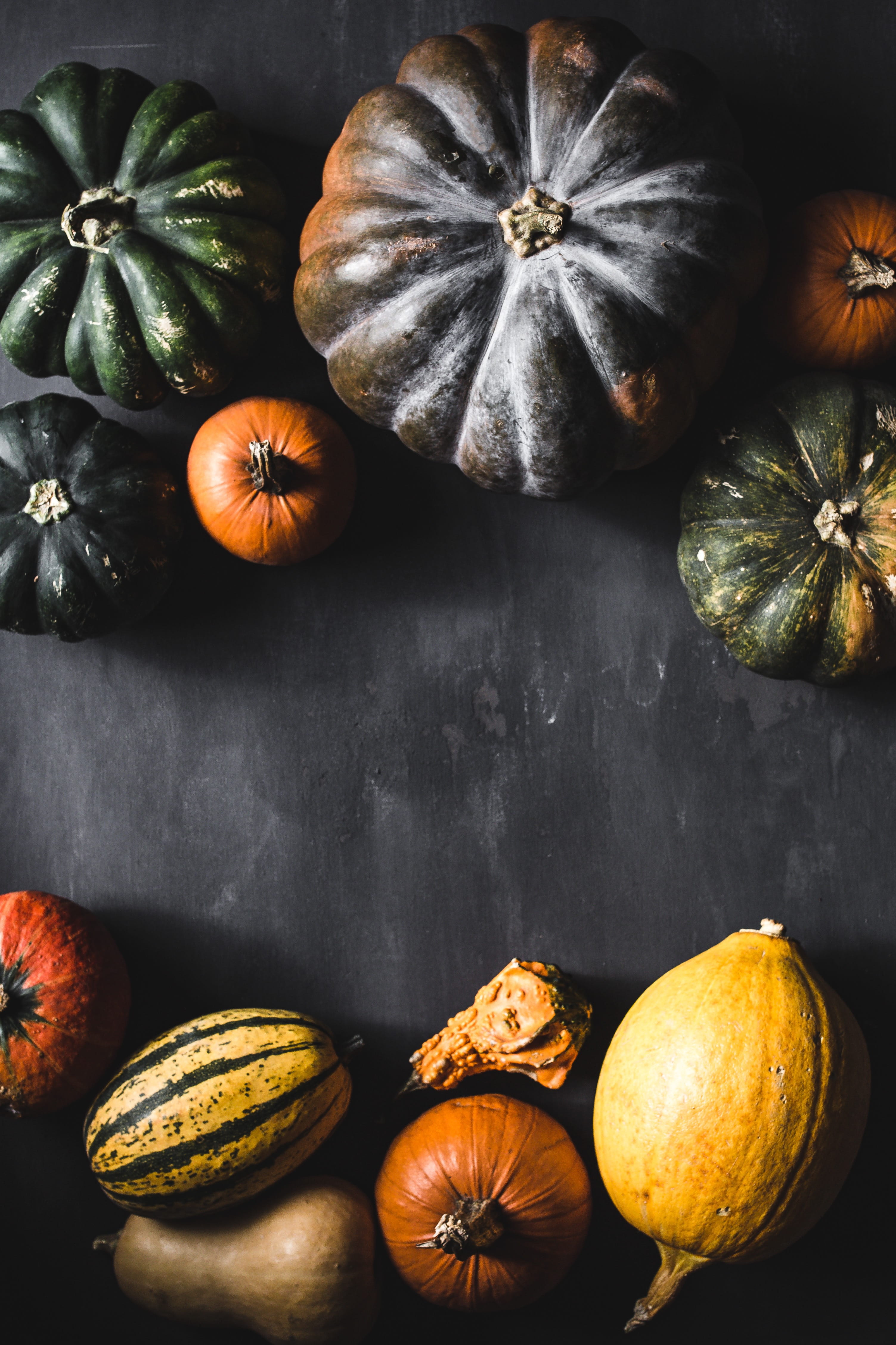 food and drink, pumpkins, wellbeing, halloween, pumpkin, healthy, fall, directly above, vegetable, no people, november, variation, indoors, october, 4K, Phone HD Wallpaper