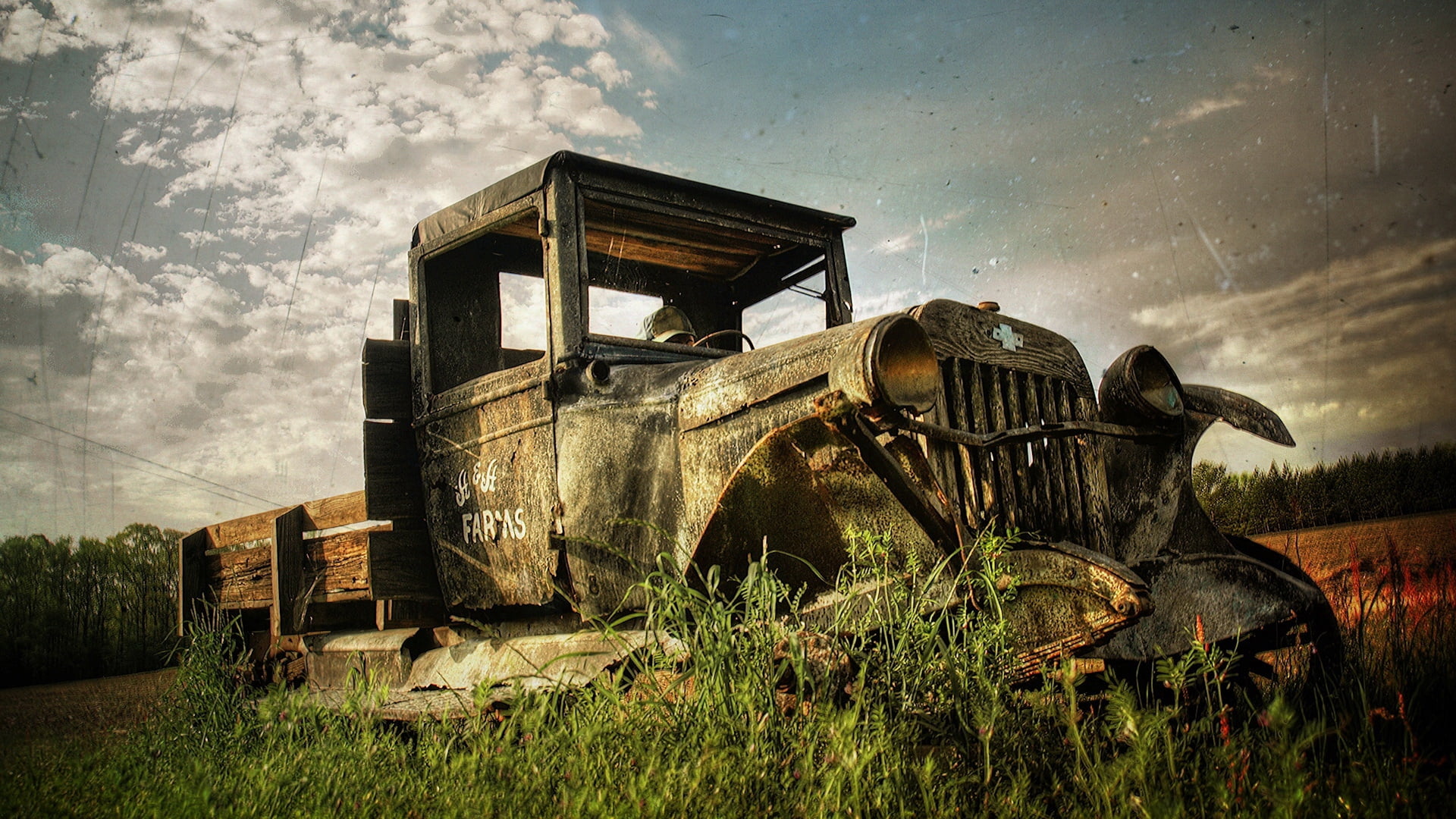motor vehicle, abandoned, nature, rusty, weathered, cloud - sky, old-fashioned, equipment, day, farm, 1080P, rustic, obsolete, rural Scene, antique, oldness, HD Wallpaper