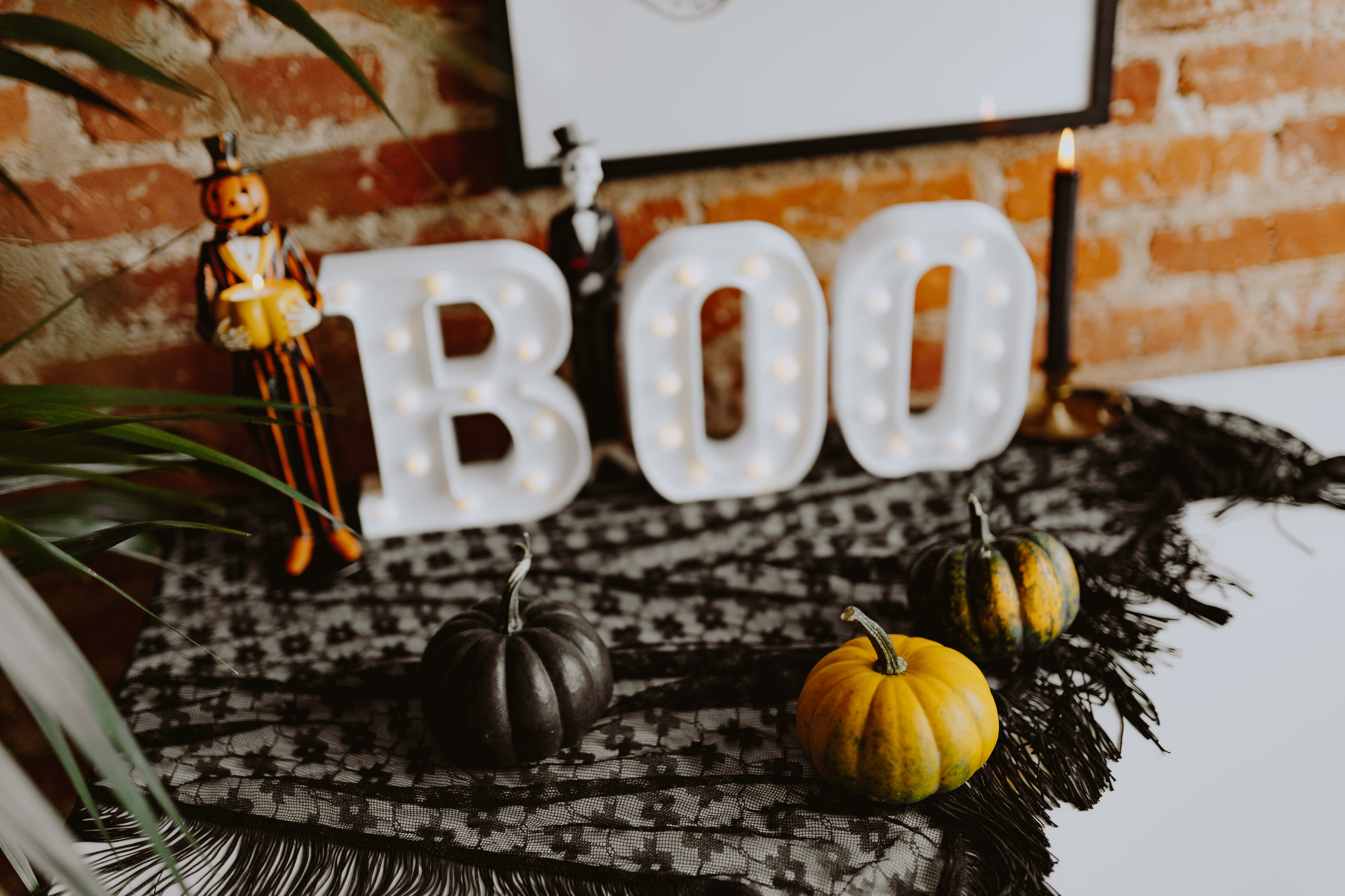 healthy eating, halloween, still life, brick, food, no people, decorations, pumpkin, brick wall, 5K, decoration, text, freshness, wall, wellbeing, decor, HD Wallpaper